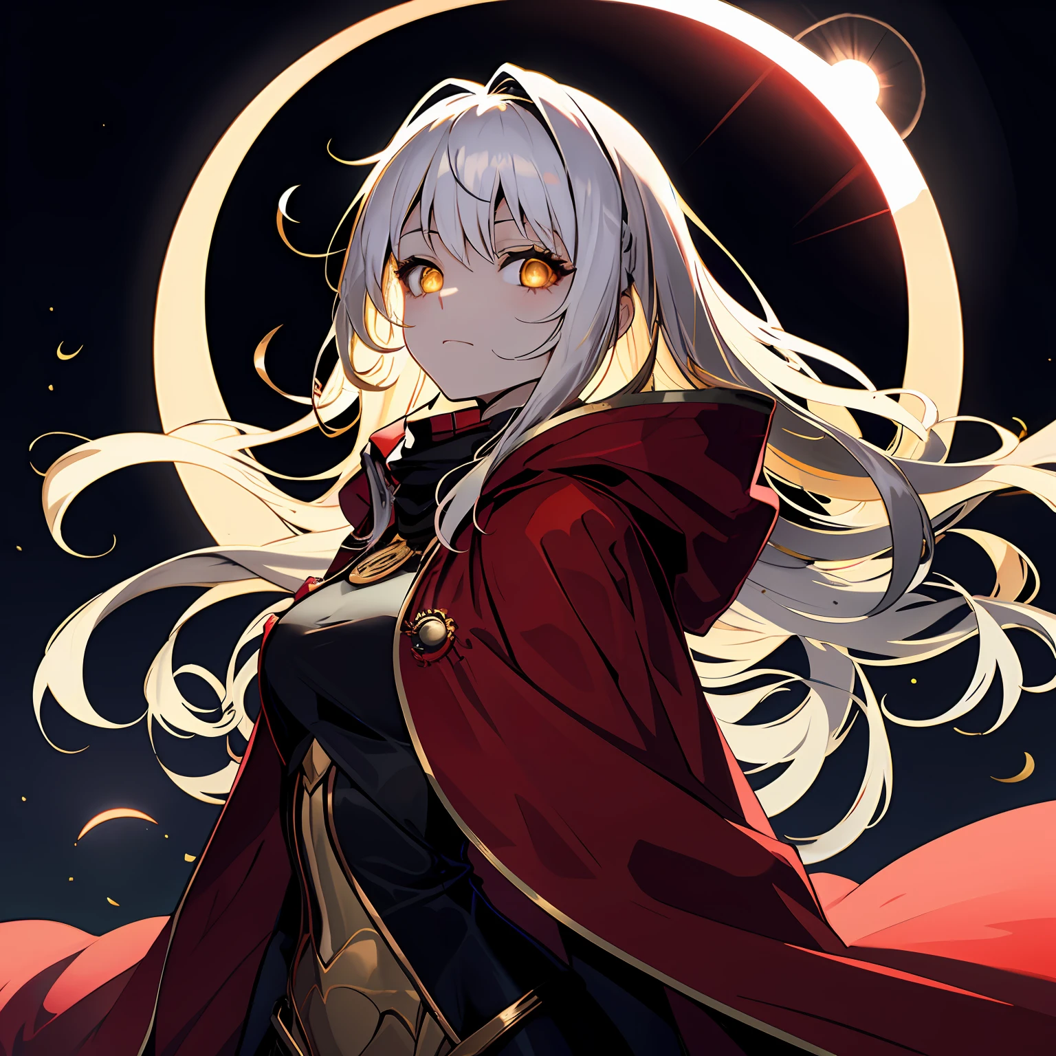 (solar eclipse:1.2),night,shine,shining,glow,gleam,highlight,girl,glowing hair,gold hair,silver hair,long hair,aura of light,red cloak,Metalheart,desert