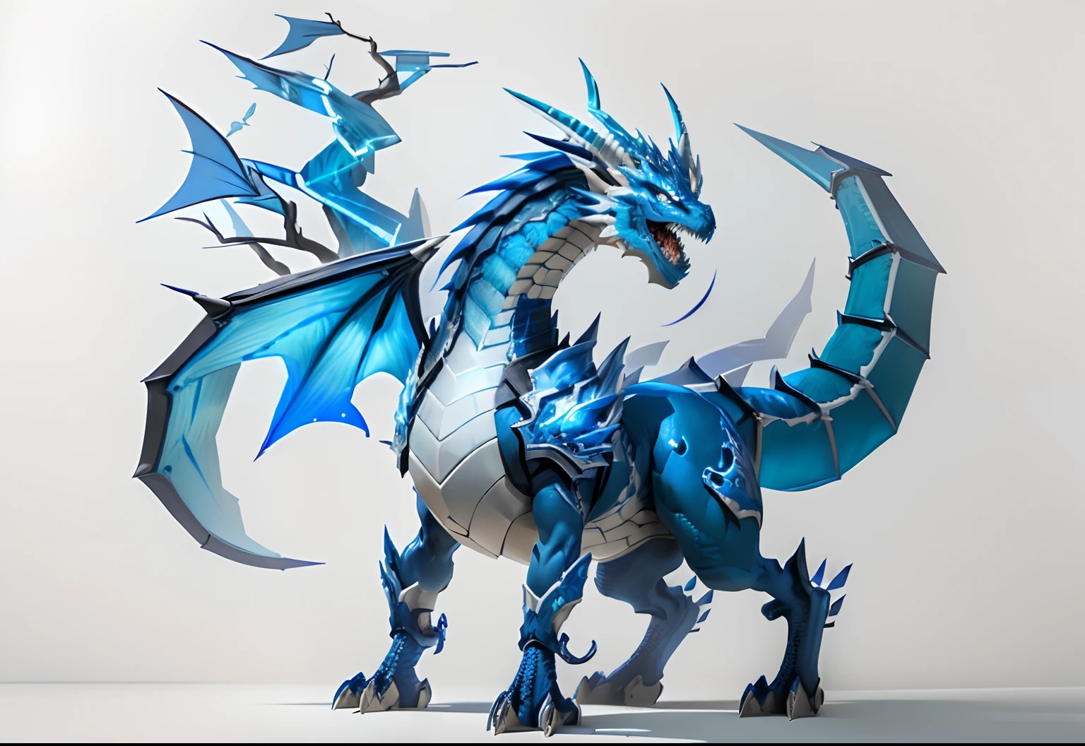 there is a drawing of a blue and white dragon on a white wall, chinese dragon concept art, airbrush concept art, dragon inspired blue armor, full body dragon concept, painted as a game concept art, airbrush render, stylized as a 3d render, anthro dragon art, fantasy creature concept art, stylized concept art