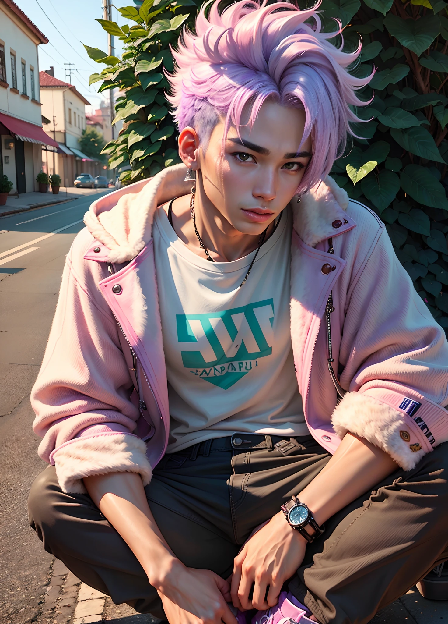 Tumblr male influencer, teen, Asian, Brazilian, lilac hair
