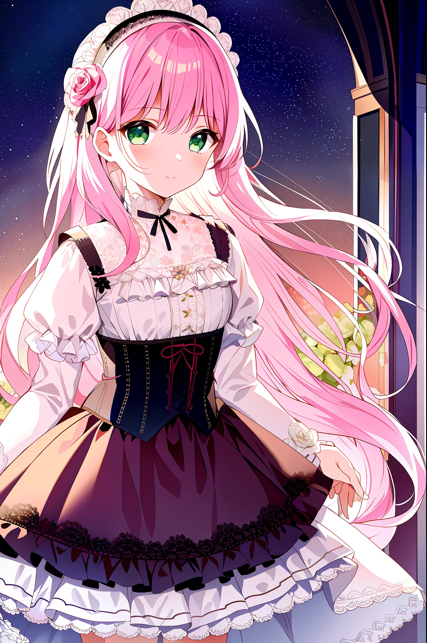 ((Masterpiece)), (Best Quality)), (Ultra Detailed), (Illustration), (Extremely Delicate and Beautiful)), (Dynamic Angle),
1 girl, flower, spring, rose, very long hair, detailed face, long eyelashes, flowers in the eyes, frilled sleeves, corset, tiara, princess,
Green eyes, wide eyes, clear sky, daylight, sunny, pink white dress, flowers, hair accessories, white lace edge socks, pink hair, hair flowers, patterned clothing, floral print, candy pattern dress, (Lo Sweet: 1.4),