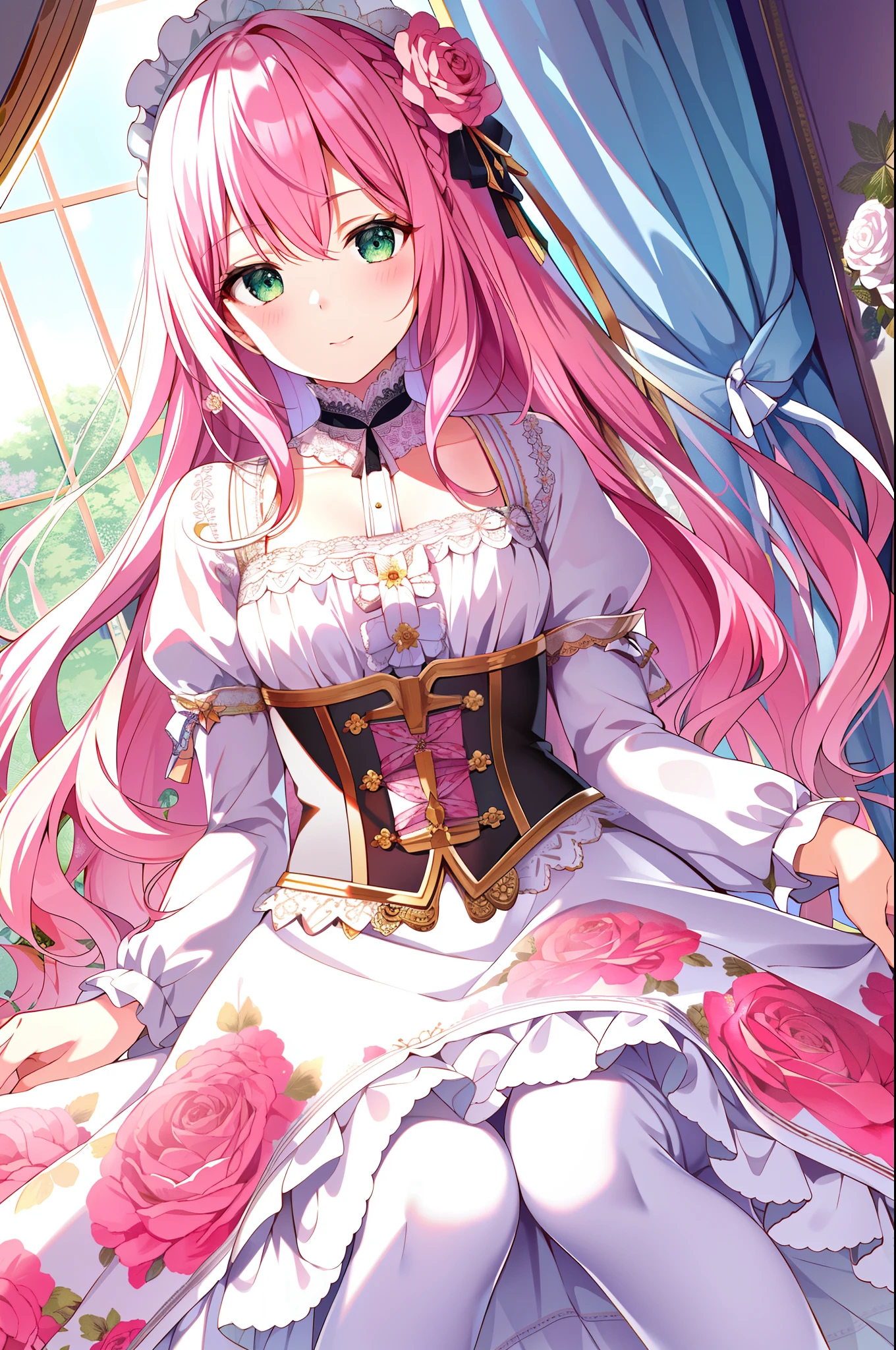 ((Masterpiece)), (Best Quality)), (Ultra Detailed), (Illustration), (Extremely Delicate and Beautiful)), (Dynamic Angle),
1 girl, flower, spring, rose, very long hair, detailed face, long eyelashes, flowers in the eyes, frilled sleeves, corset, tiara, princess,
Green eyes, wide eyes, clear sky, daylight, sunny, pink white dress, flowers, hair accessories, white lace edge socks, pink hair, hair flowers, patterned clothing, floral print, candy pattern dress, (Lo Sweet: 1.4),