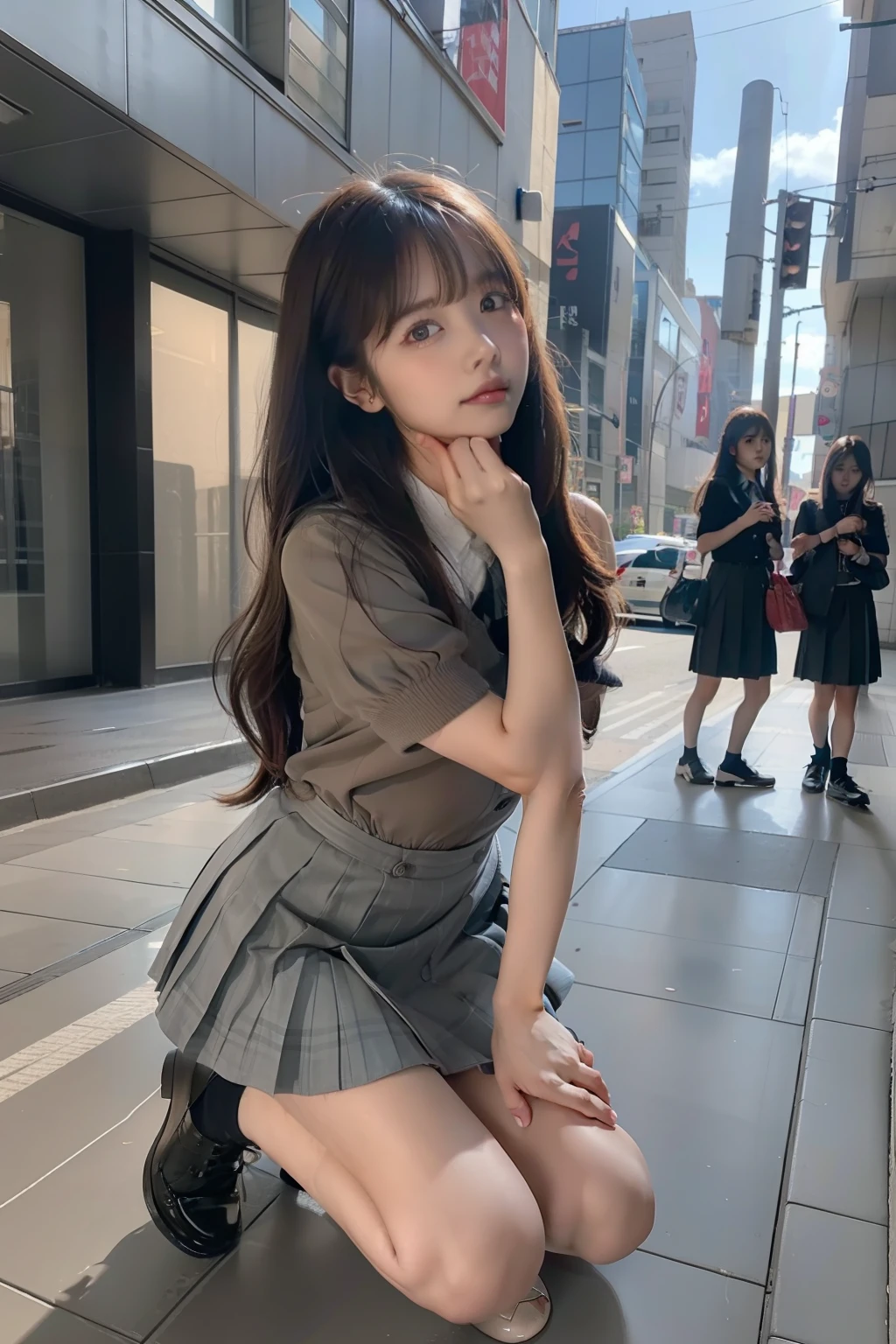 raw photograph,best quality,masterpiece,(((2girls,duo))),Move the center of gravity back, put your hands forward from both feet, put both feet in the hand circle, quite embarrassing, panties, thin legs, tight skirt, 90 degree knees, heels on the ground, hands in front of feet, hug feet, kneeling, sidewalk, RAW photos, 8K, highest quality, Ultra high resolution, beautiful face to detail, realistic human skin, gentle expression, front view, angle from below, long hair, realistic, photorealistic, cute, short skirt, squatting deep in the city, cute schoolgirl, surreal schoolgirl wearing Japan schoolgirl uniform, full body,