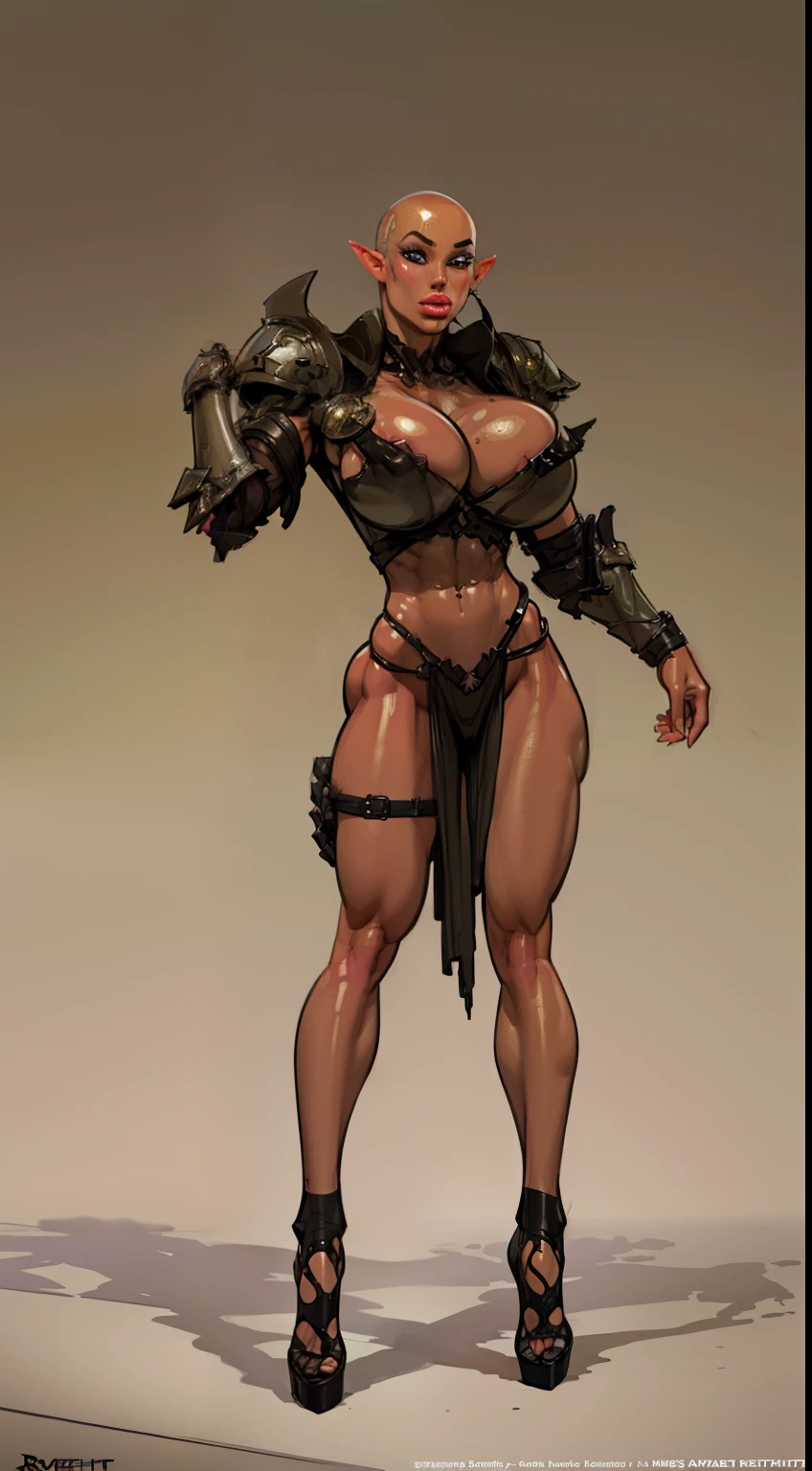 1girl, sehele style, anime style, (((dark elf))) (((olive skin:1.6))) and (rocky skin texture) (((smoldering eyes))). Her ((bald:1.4)), no hair, ((no hair)), 8k, 4k, Unreal Engine 5, octane render, trending on pixiv, fanbox, skeb, (((titanium knight armor))), masterpiece, ((8 pack abs:1.2)),(huge breasts:1.4), (full bodied), wide hips, (full lips:1.5), smooth soft skin, big dreamy eyes, beautiful intricate, anime wide eyes, soft lighting, concept art, digital painting,