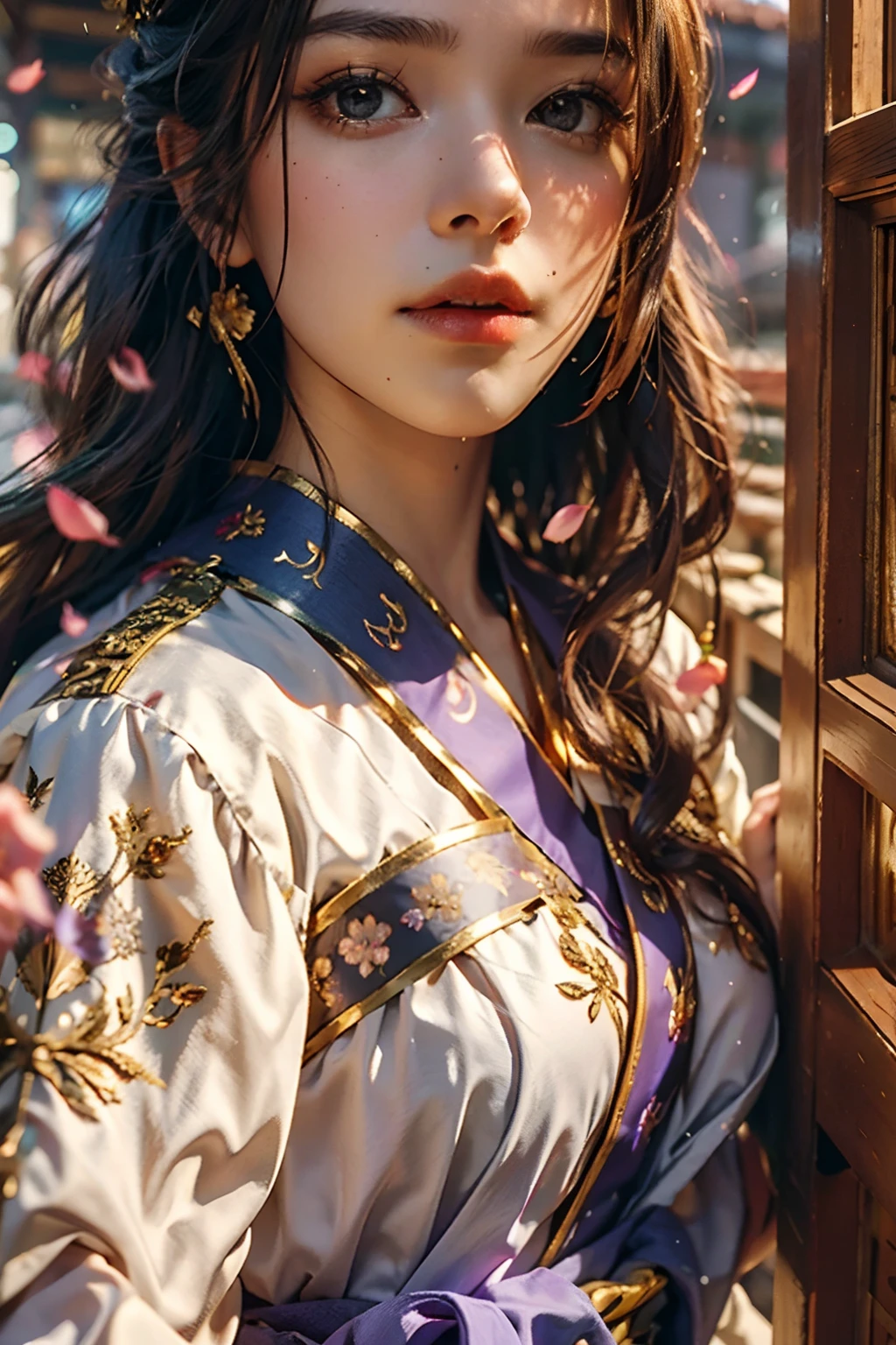 superb beauty, Masterpiece, High resolution, (corps exquis: 1.5), beautiful woman, seins extra larges (2.5) Fences larges, Taille fine, Stunning beauty, (peau laiteuse: 1.3), exquisitely detailed, High resolution, wallpaper, 1 femme, seulement, robe, Accessoires pour cheveux, (((Golden purple skirt)) ), fleur, cheveux longs, cheveux bruns, La ferme, Accessoires, manches longues, Hands, manches larges, Grands yeux, cheveux fluides, Hanfu, Hanfu, broderie, robe longue, pose naturelle, falling petals, Indoor, Fanning, lanterne, 16k, Hdr, High resolution, profondeur de champ, (grain du film: 1.1), Bocon, Prime-time, (Lens Flare), Vignette, arc-en-ciel, (Color Grading: 1.5)