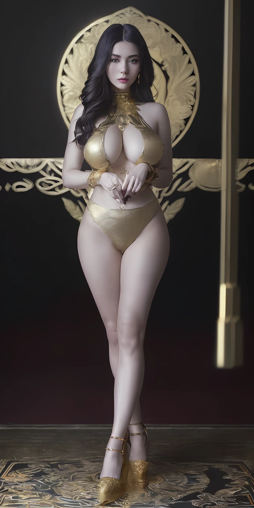 (full body shot)a East European woman, luminous design, masterpiece, best quality, extremely detailed 8k, ultra hd, ultra-detailed, highly detailed, highly realistic, (ultra-realistic), hyperrealistic, Real life style, (((top quality, masterpiece: 1.3)), (((Russian beauty)), (tmasterpiece,top Quority,best qualtiy,offcial art,Beautiful and aesthetic:1.2),(1girll),Extremely detailed,Colorful,highestdetailed,offcial art,Unified 8K wallpapers,ultra - detailed,Beautiful and aesthetic,big breasts beautiful,tmasterpiece,huge tit,exposing her chest,best qualtiy,(zentangle,datura,Tangles,entangled),holy rays,gold foil,Gold leaf art,glitter drawing,PerfectNwsjMajic (cinematic:1.5)(Top Quality, 8k, 32k, Masterpiece, UHD: 1.3)