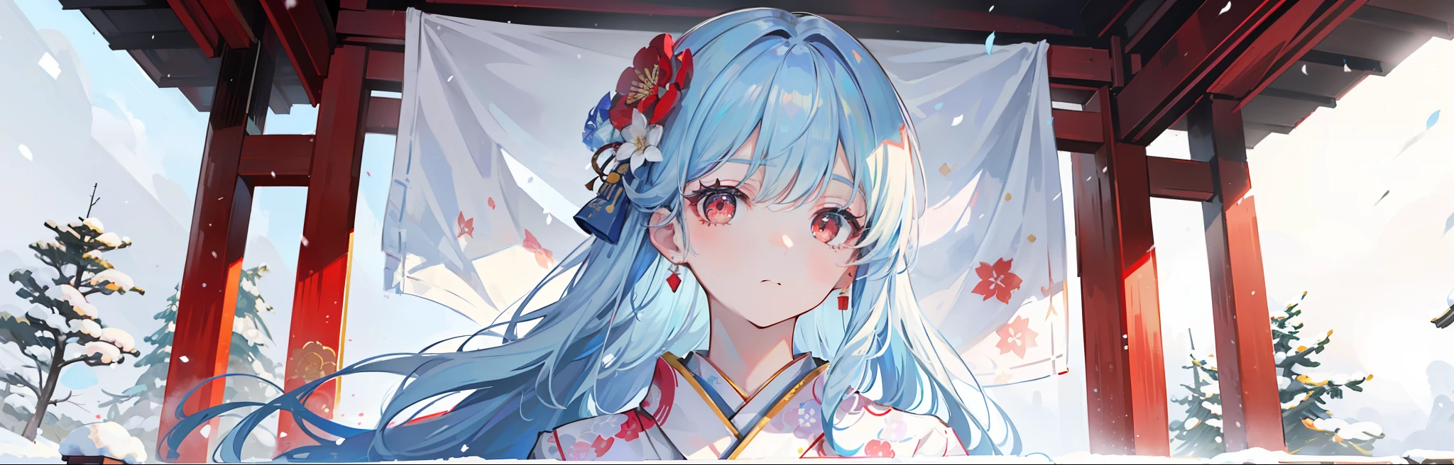 artistic photograph, Realistic light and shadow on a snowy day,Distant European-style architecture,On the shrine,((Kimono with colorful floral pattern on white background)),1 beautiful girl,,Shy,The upper part of the body,Lateral face,Light blue hair,(((Long light blue hair))),(((Red eyes))),(Long hair),(Snoyle),ventania,heavy snowy,