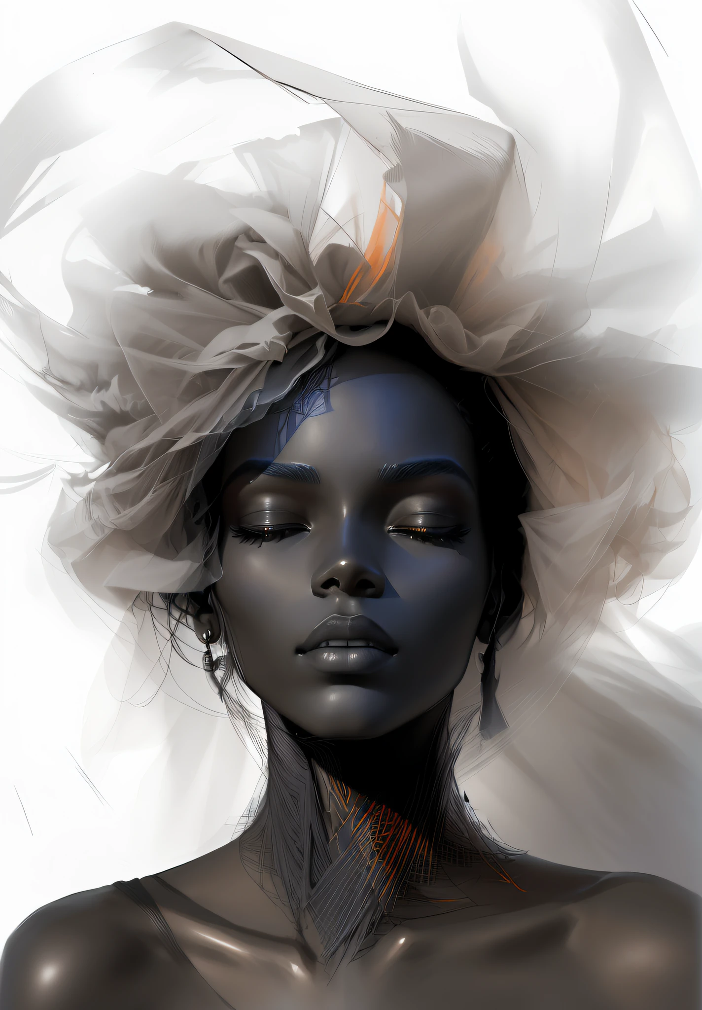 Longing woman with veil and eyes on her head, Charcoal skin, dark-skin, Maria Borges, by Irakli Nadar, Inspired by Herb Ritz, tanned beauty portrait, fashion model face closed eyes,  Faraway view，Add color，The contrast of Klein blue and Hermes orange