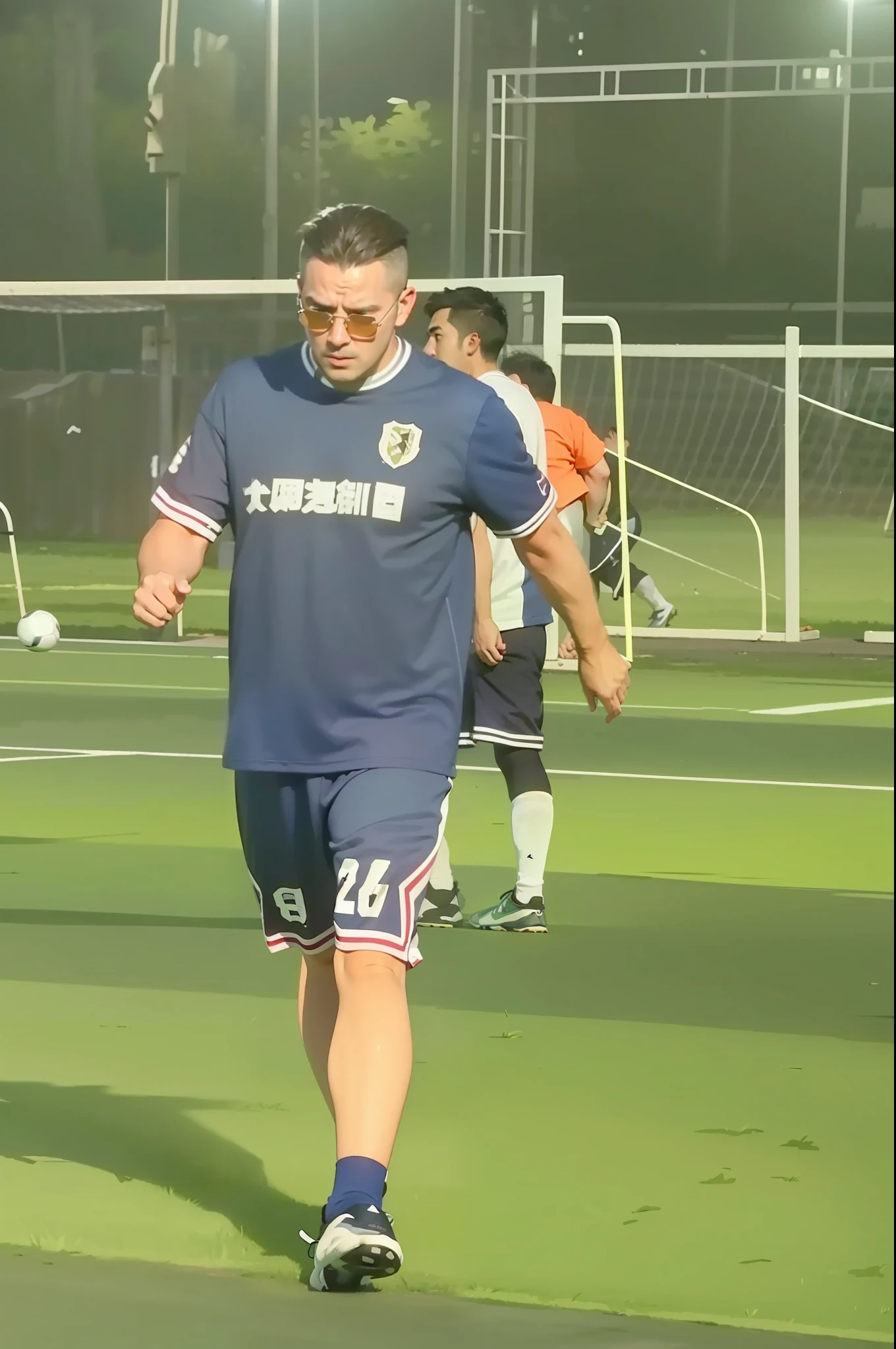 wears a pair of glasses,A great group of footballers,Good bro,They play football on the pitch at night, taken with canon 8 0 d, action shot, play soccer, best qualtiy, tmasterpiece, 超A high resolution, (realisticlying:1.5), RAW photogr,in the darkness nigth, deep shading, low tune, cold light, short detailed hair,Black hair, surrealism, surrealism, Cinematic lighting, 8K, Super detail, High details, High quality, Award-Awarded, A high resolution, 16k, Anatomically correct, Textured skin