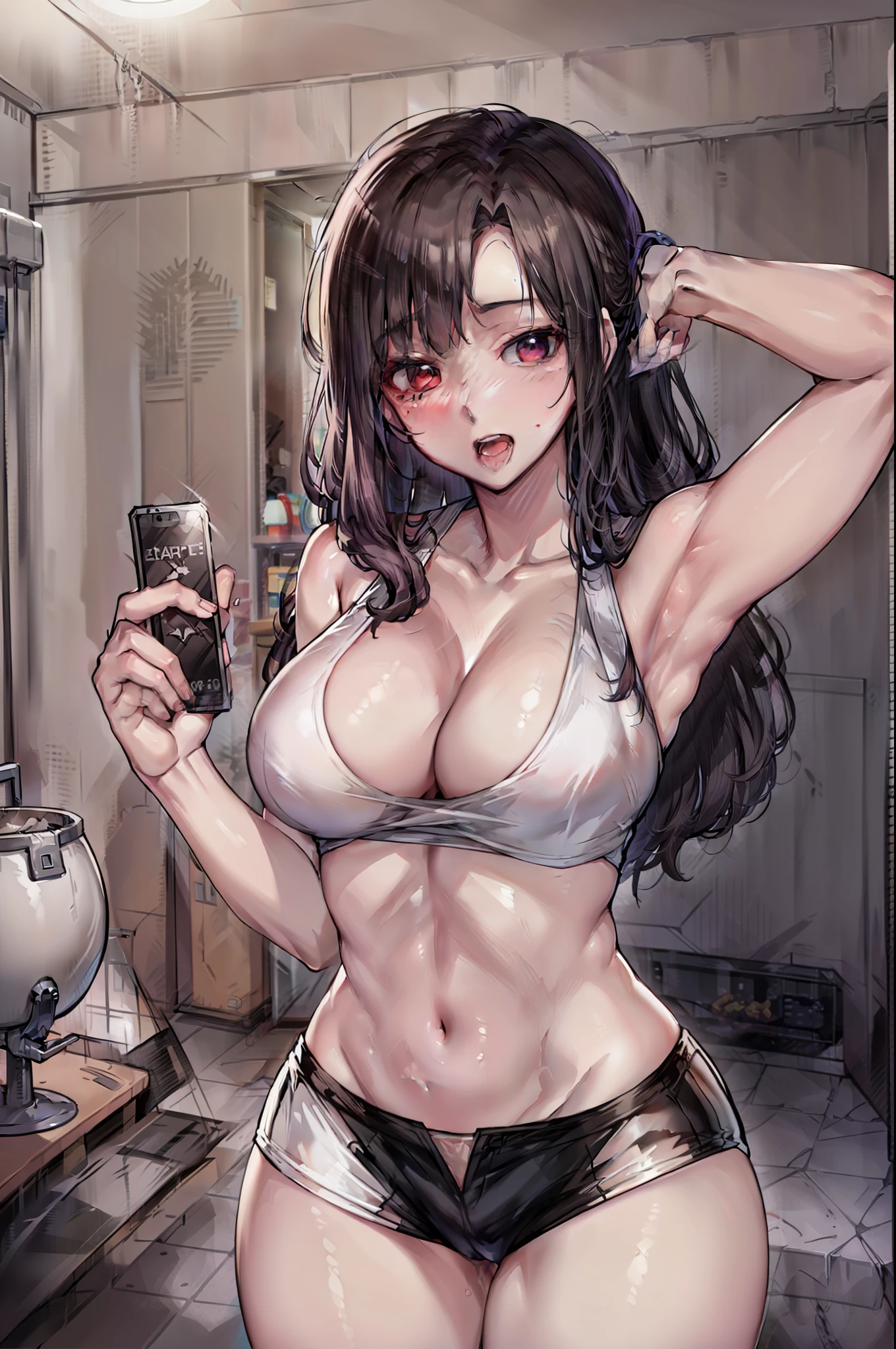 Cartoon of a woman in a bikini and shorts standing in a bedroom, Realistic bikini, Tifa Lockhart com cabelos brancos, traje: sbikini, anime vtuber modelo de corpo inteiro, estilo anime ecchi, is wearing a swimsuit, Parecendo Annie Leonhart, Gapmoe Yander, design de roupa clara, Roupa aberta v peito, personagem de anime feminino, corpo perfeito sombreado realista