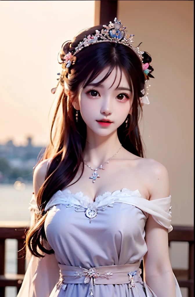 violet, lilac dress, long skirt on chest, long black hair, long hair and waist, beautiful maiden, god, divinity, white tiara, sitting on railing, hair, slanted bangs, headband, hair ornament, forehead gemstone, paulai's jewel branch, crescent hair ornament, fish hair ornament, god ray, glitter, cinematic lighting, lens glare, uhd, high detail, high quality, high resolution, best quality, 8K, 16K, high detail, high quality, high quality, super detail, Anatomically correct, masterpiece, ccurate