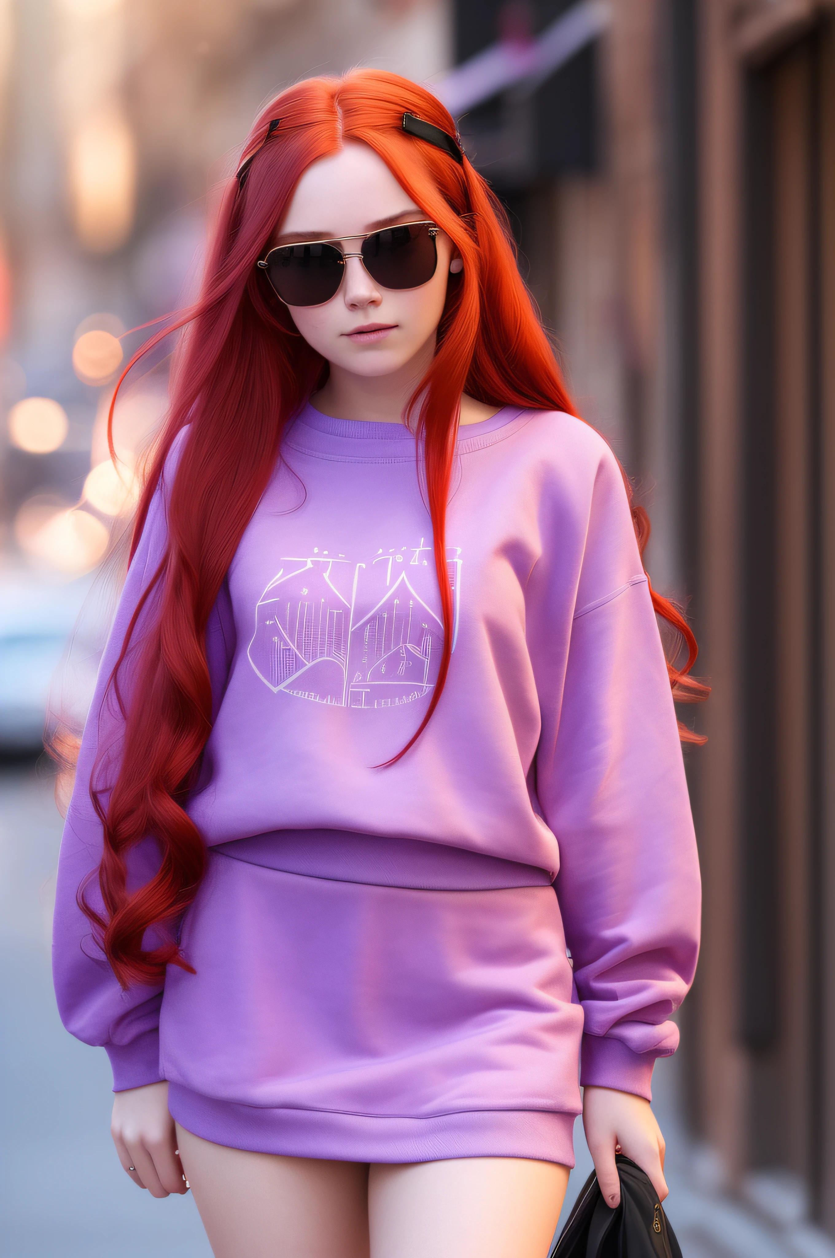 1 girl, 20 years old, long red hair, short purple sweatshirt, black mini skirt, colored ribbon in her hair, sunglasses, city