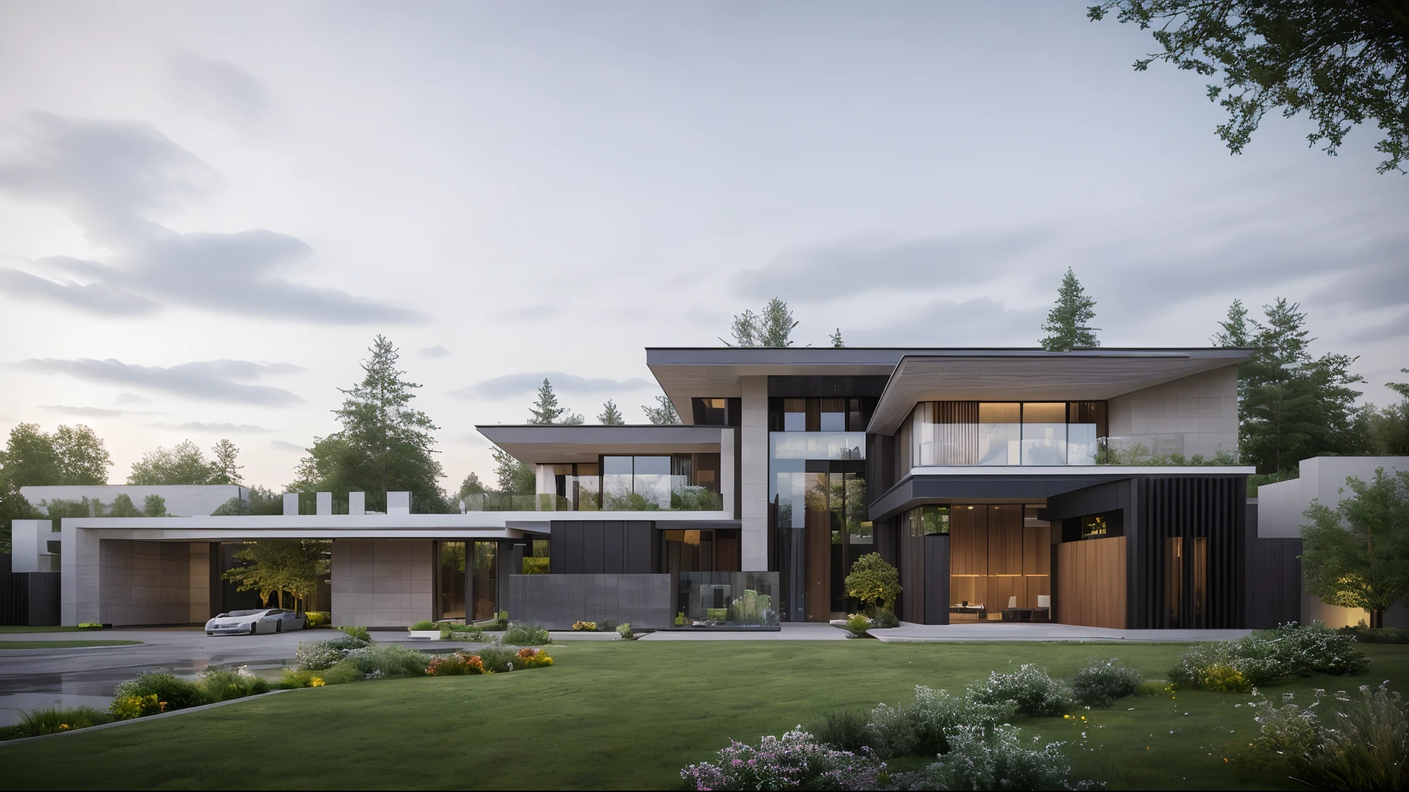 (masterpiece),(high quality), best quality, real,(realistic), super detailed, (full detail),(4k),8k,modern house exterior design,Modern architecture,Beautiful_sky,Day light, no_humans, outdoors,sky,tree,Garden flower front of building,