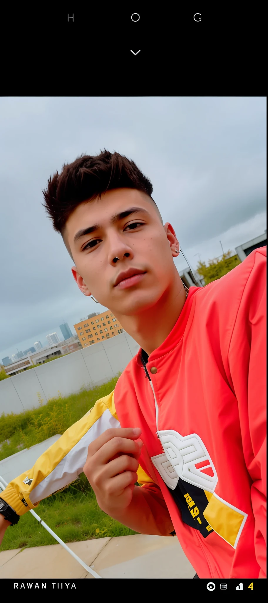 RAW photo, a close up portrait photo of 20 y.o 1boy, solo, realistic,shirt,jacket, cyberpunk, spiked hair,brown hair, yellow jacket, background is city ruins, (high detailed skin:1.2), 8k uhd, dslr, soft lighting, high quality, film grain, Fujifilm XT3, highly detailed background