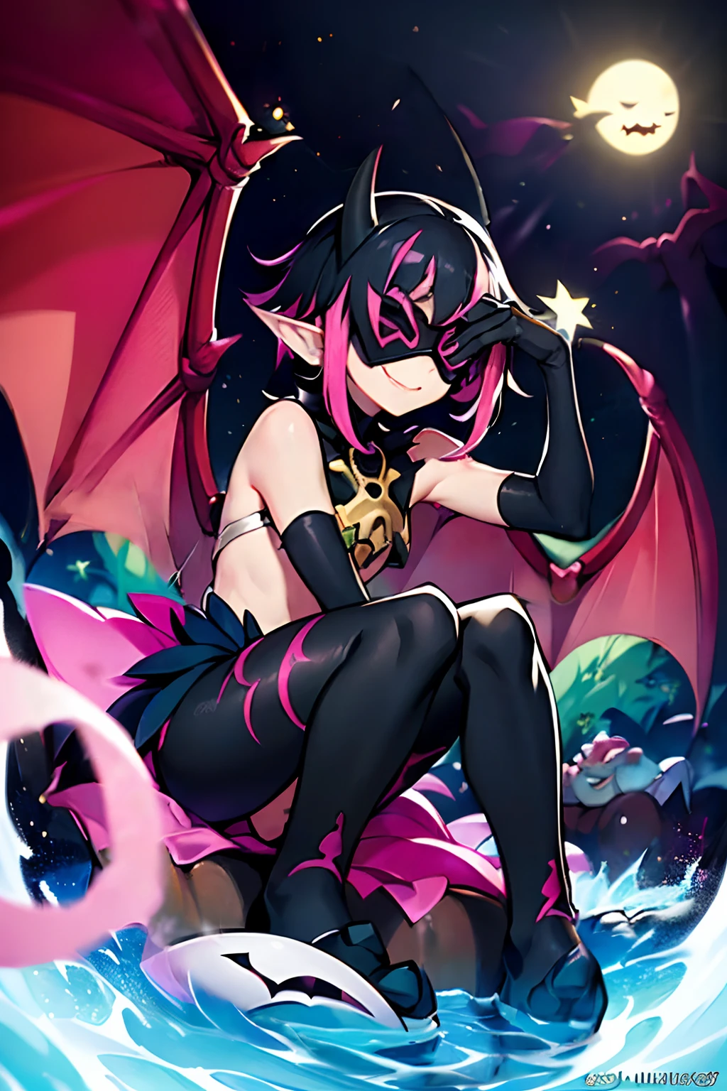 (masterpiece, best quality:1.2),solo, ((1boy)), ((lilia vanrouge as a Digimon)), Mischievous smile, looking at viewer, multicolored hair, black hair, streaked pink hair,((Bat)),(( fairy)), ((Demonic)), ((Pink and Black Body))digimon\(creature\),(( mask covering Eyes))