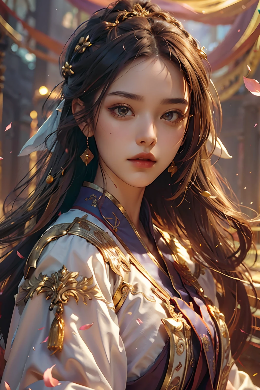 superb beauty, Masterpiece, High resolution, (corps exquis: 1.5), beautiful woman, seins extra larges (2.5) Fences larges, Taille fine, Stunning beauty, (peau laiteuse: 1.3), exquisitely detailed, High resolution, wallpaper, 1 femme, seulement, robe, Accessoires pour cheveux, (((Golden purple skirt)) ), fleur, cheveux longs, cheveux bruns, La ferme, Accessoires, manches longues, Hands, manches larges, Grands yeux, cheveux fluides, Hanfu, Hanfu, broderie, robe longue, pose naturelle, falling petals, Indoor, Fanning, lanterne, 16k, Hdr, High resolution, profondeur de champ, (grain du film: 1.1), Bocon, Prime-time, (Lens Flare), Vignette, arc-en-ciel, (Color Grading: 1.5)