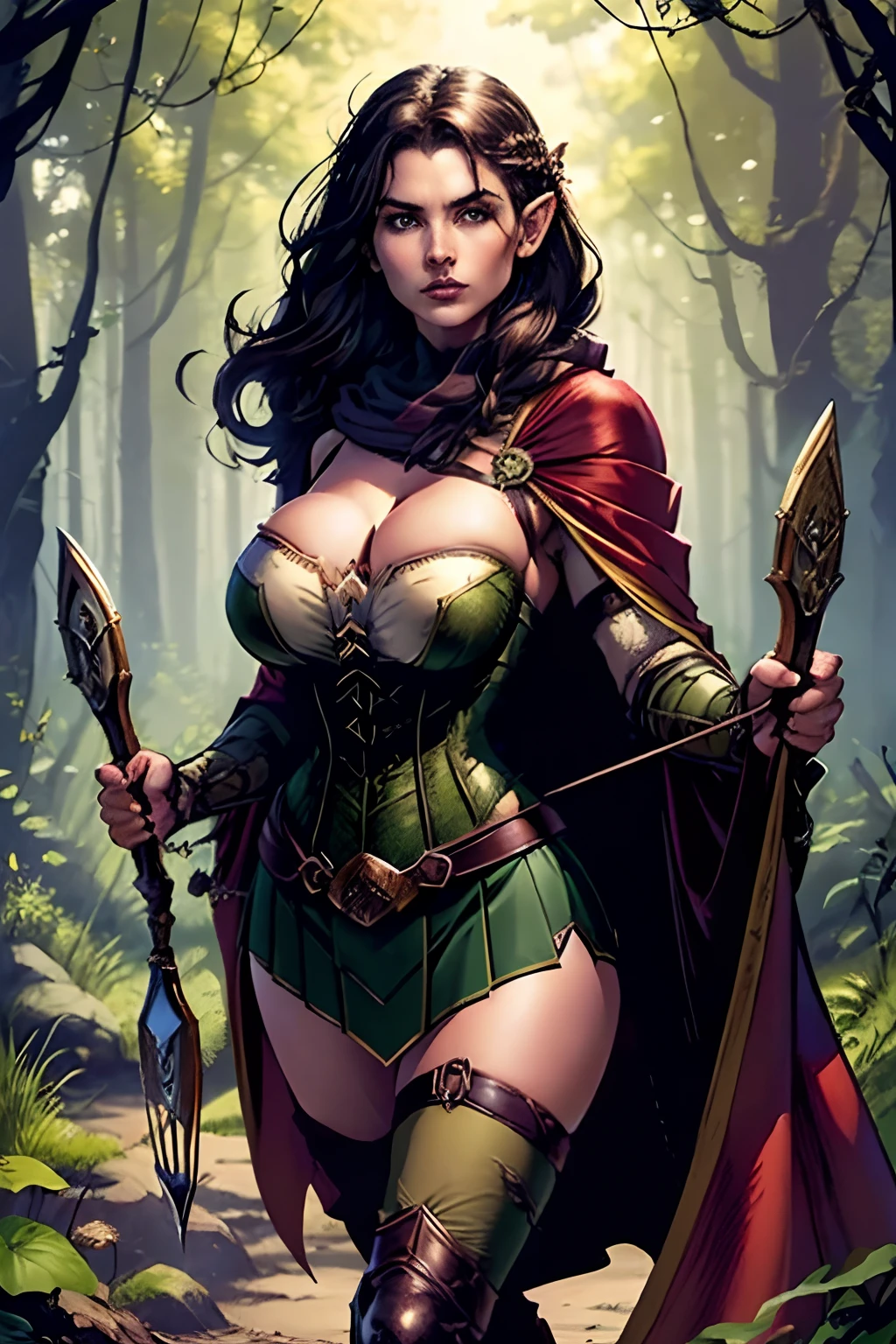 (masterpiece, top quality, best quality, official art, beautiful and aesthetic:1.2), (1girl:1.3), dark brown hair in a single (braid), extremely detailed, portrait, looking at viewer, solo, (full body:0.6), detailed background, close up, cat eyes, (warm summer forest theme:1.1), (elf) ranger, charlatan, smirk, mysterious, walking in forest, revealing ranger attire, cowl, cloak, corset, long boots, buckles, straps, pouches, bow and arrow, green fabric, brown leather, (((gigantic breasts, cleavage, skindentation))), slim waist, slim hips, long legs, medieval (forest exterior:1.1) background, dark mysterious lighting, shadows, magical atmosphere, dutch angle