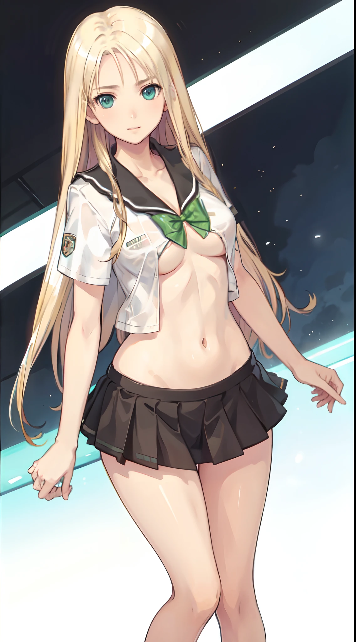 blonde hair, long hair, green eyes, happy, school uniform, short skirt, medium breast, cleavage, classroom, slim legs, navel, open clothes