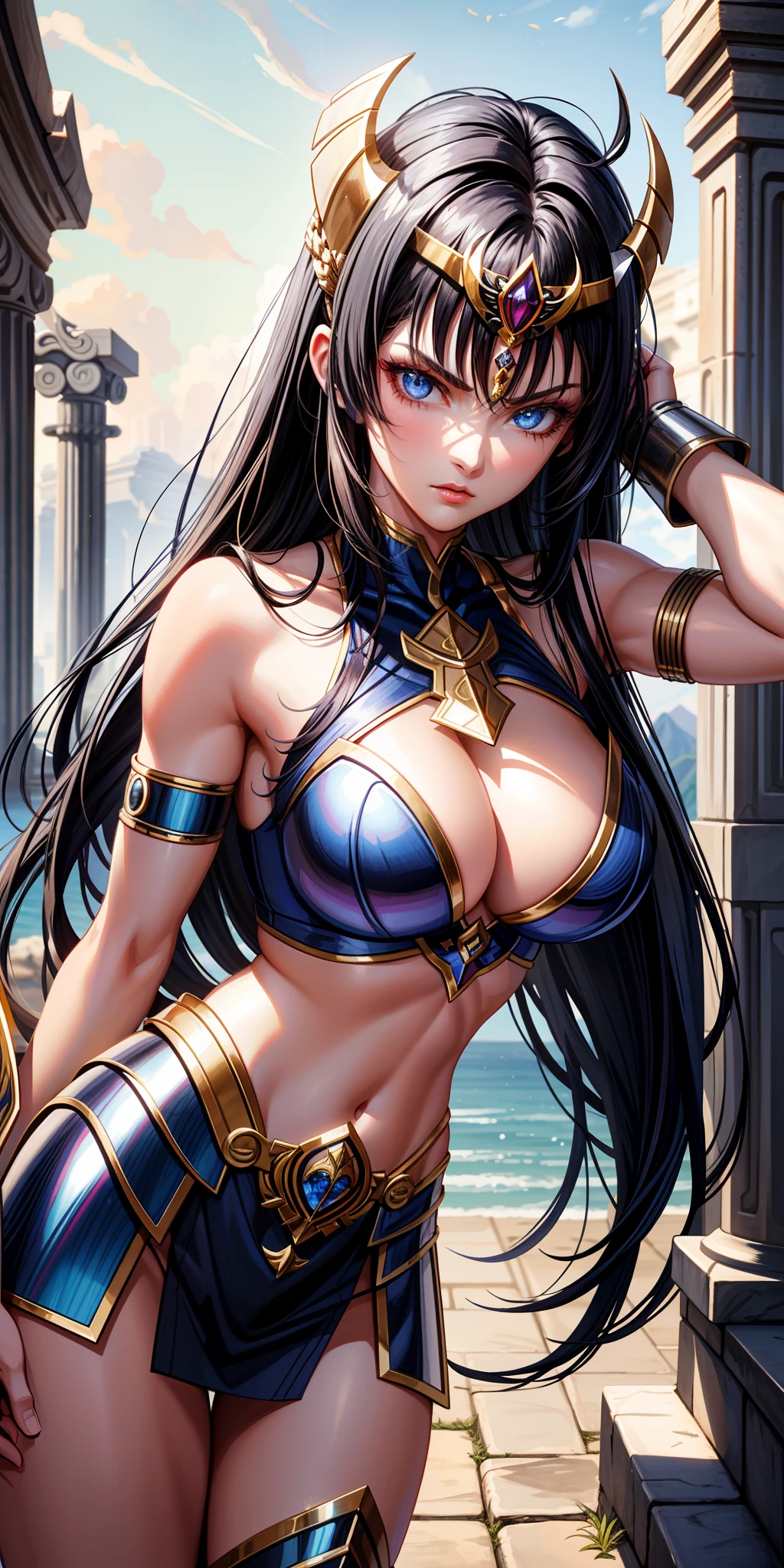 Big breasts, 1girl, ((twilight black hair)) ((gladiator girl)), blue eyes, hyper-detailed eyes, has an extremely sexy body, with full breasts and a thin waist, and an extremely sexy body, Saint Seiya-style armor, makeup light. young, realistic, best quality, tired, body sounding, serious expression, red lips, beautiful day, ancient Greek battle arena, sideways pose, looking at monster