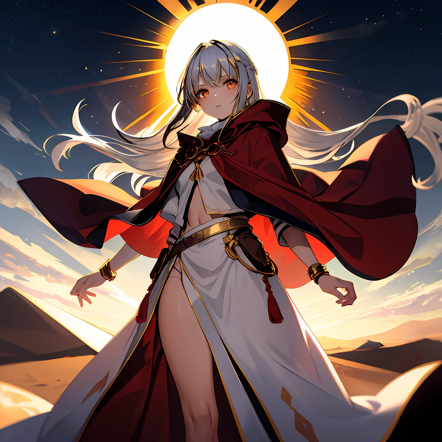 (sun:1.2),from below,shine,shining,glow,gleam,highlight,girl,glowing hair,gold hair,silver hair,long hair,aura of light,red cloak,desert