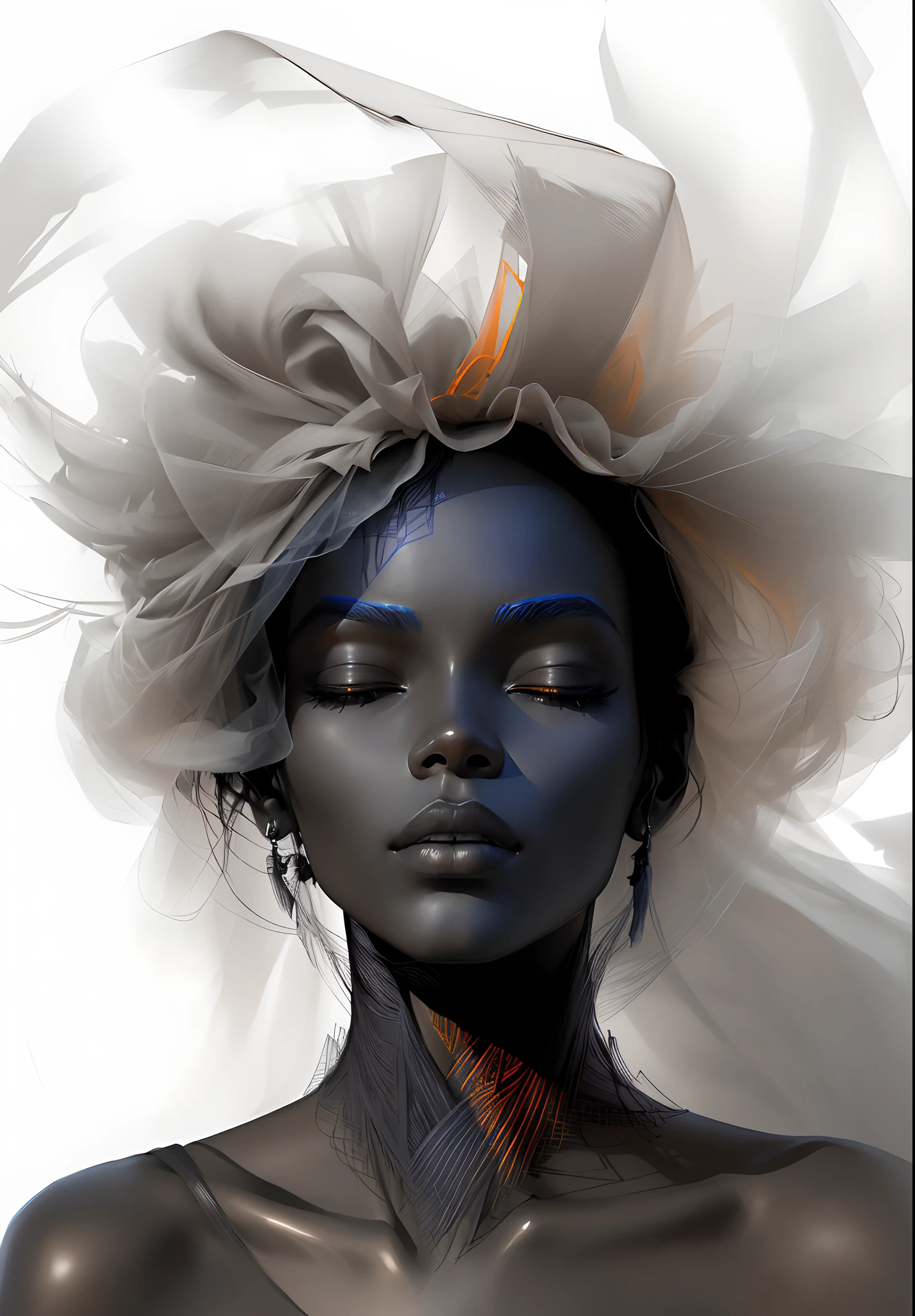 Longing woman with veil and eyes on her head, Charcoal skin, dark-skin, Maria Borges, by Irakli Nadar, Inspired by Herb Ritz, tanned beauty portrait, fashion model face closed eyes, Faraway view,Add large areas of color,Klein blue and Hermes orange contrast