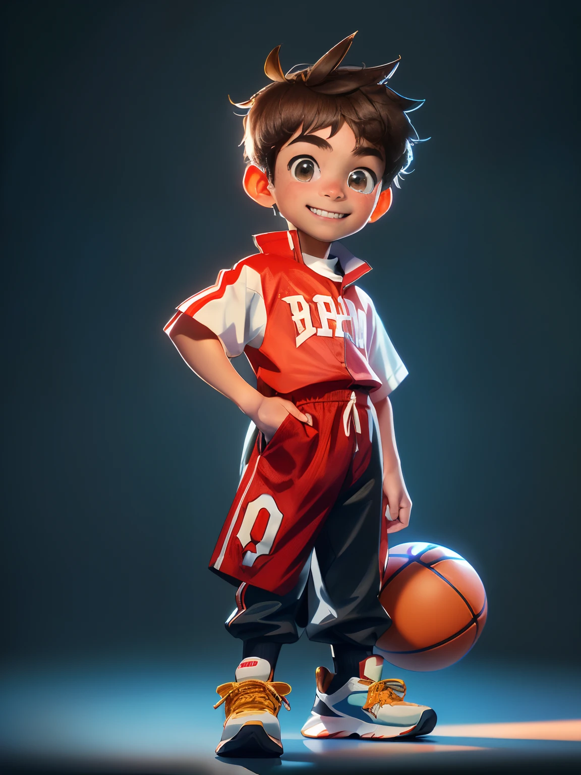 boy, Masterpiece, Highest quality, (((Photorealistic: 1.4)), (tmasterpiece,Best quality at best)a cute little boy,g a red and white jersey,Black basketball sneakers,basketball ball,Elaborate Eyes,happy grin,clean backdrop,Delicate sheen,8k,C4D,rendering,Masterpiece, illustration, Very delicate and beautiful, highly detailed CG, 8K wallpaper, Amazing, finedetail, Highly detailed CG unity 8k wallpaper, hugefilesize, Ultra detail, 超高分辨率, high resolution, Very detailed, ((Highly detailed eyes and face)), Beautiful detailed eyes, Highly detailed face, Perfect lighting, Light on the face, Natural colors, (((10-year-old boy))