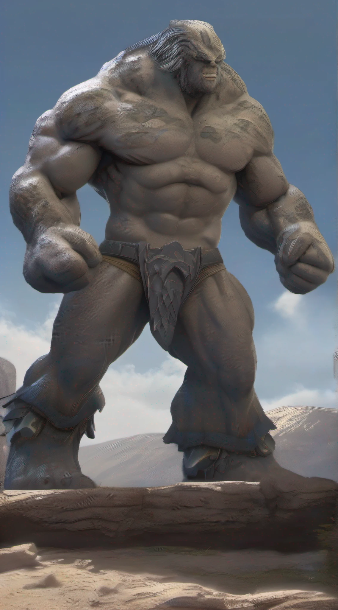 Igoo is a rocky, gigantic creature that resembles a stone statue. He has a muscular appearance and his skin is rocky and gray. he doesn't wear clothes, But he has a serious facial expression and is known for his physical strength and combat skills.