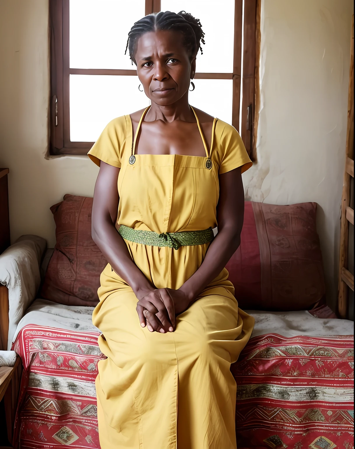 A black and white photograph of a woman in her mid-30s, with a tired expression on her face, sitting on a worn-out sofa in a small, cluttered living room. The woman, Mamá África, is dressed in a faded yellow sundress with a white apron over it, and her hair is tied back in a messy bun. She has dark circles under her eyes, and her hands are covered in calluses from the endless household chores. The background of the image is a dingy, peeling wall with a small window that lets in a faint light. The overall atmosphere is one of hardship and struggle, with a hint of resilience and determination in Mamá África's eyes.
In this image, Mamá África is shown as the main character, highlighting the themes of hard work, resilience, and determination that are present throughout the lyrics. The use of a dingy, cluttered living room and a tired expression on Mamá África's face convey the idea of a difficult life, while her apron and callused hands suggest that she is a hardworking woman who is dedicated to her family and her household. The image is meant to evoke a sense of empathy and respect for Mamá África's struggles, while also highlighting the importance of family and hard work in the lyrics.