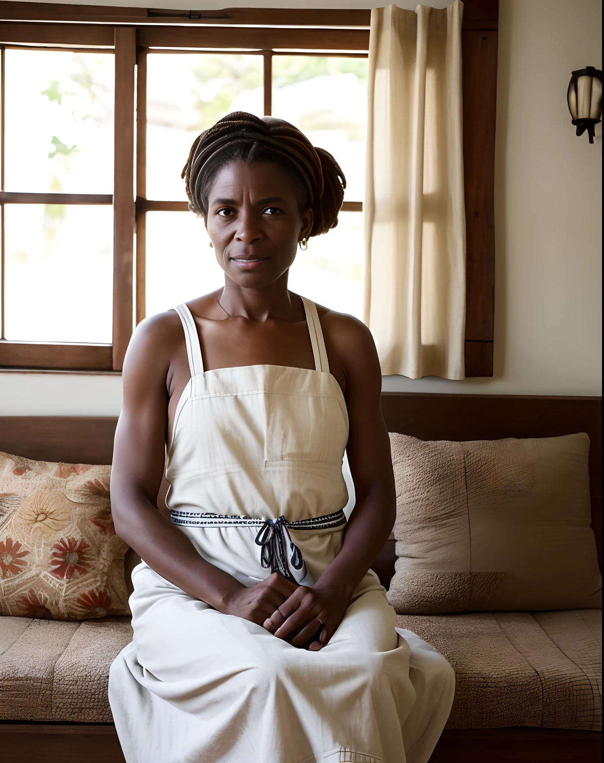 A black and white photograph of a woman in her mid-30s, with a tired expression on her face, sitting on a worn-out sofa in a small, cluttered living room. The woman, Mamá África, is dressed in a faded yellow sundress with a white apron over it, and her hair is tied back in a messy bun. She has dark circles under her eyes, and her hands are covered in calluses from the endless household chores. The background of the image is a dingy, peeling wall with a small window that lets in a faint light. The overall atmosphere is one of hardship and struggle, with a hint of resilience and determination in Mamá África's eyes.
In this image, Mamá África is shown as the main character, highlighting the themes of hard work, resilience, and determination that are present throughout the lyrics. The use of a dingy, cluttered living room and a tired expression on Mamá África's face convey the idea of a difficult life, while her apron and callused hands suggest that she is a hardworking woman who is dedicated to her family and her household. The image is meant to evoke a sense of empathy and respect for Mamá África's struggles, while also highlighting the importance of family and hard work in the lyrics.