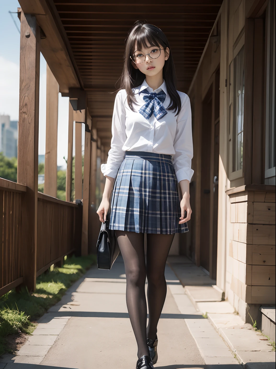 (8K、Raw photography、top-quality、masterpiece:1.2),bob cuts,cocky,School,watching at viewers,Looking at the front,Muchimuchi,Erotic,Pupils,Light Blue Bra,de pele branca,kne,(Black pantyhose),absurderes,a small face,small tits,flat breast,Parting the bangs from the middle、Forehead visible,(a cold expression,Tight eyes,glares,Bullish,skinny,Rasping,irate)、masterpiece,top-quality、超A high resolution,Raw photo,ren,Beautiful fece,One Person, 独奏,eye glass,,Dark look,Small breasts,fullllbody,Round glasses、cute little、Back to Student,JK school uniform,hi-school girl,A Japanese Lady,is standing,(Photorealsitic:1.37)、Photon mapping,Realistic、Cute little face,Brown-eyed、Black socks、(Red bow tie)、Radio City、Physically Based Rendering、depth of fields、Blurry background、a picture,Body,teens girl,beauty legs, Long legs, Thin leg,(Bangs are visible), hair, s lips, Blue_The eye, nosesoft,(Light blue shirt), (Navy and blue and white plaid pleated skirt), Knees are visible,Sheer clothing,, Thigh, Black cotton socks,Nogizaka Idol, 女優, Japanese ido