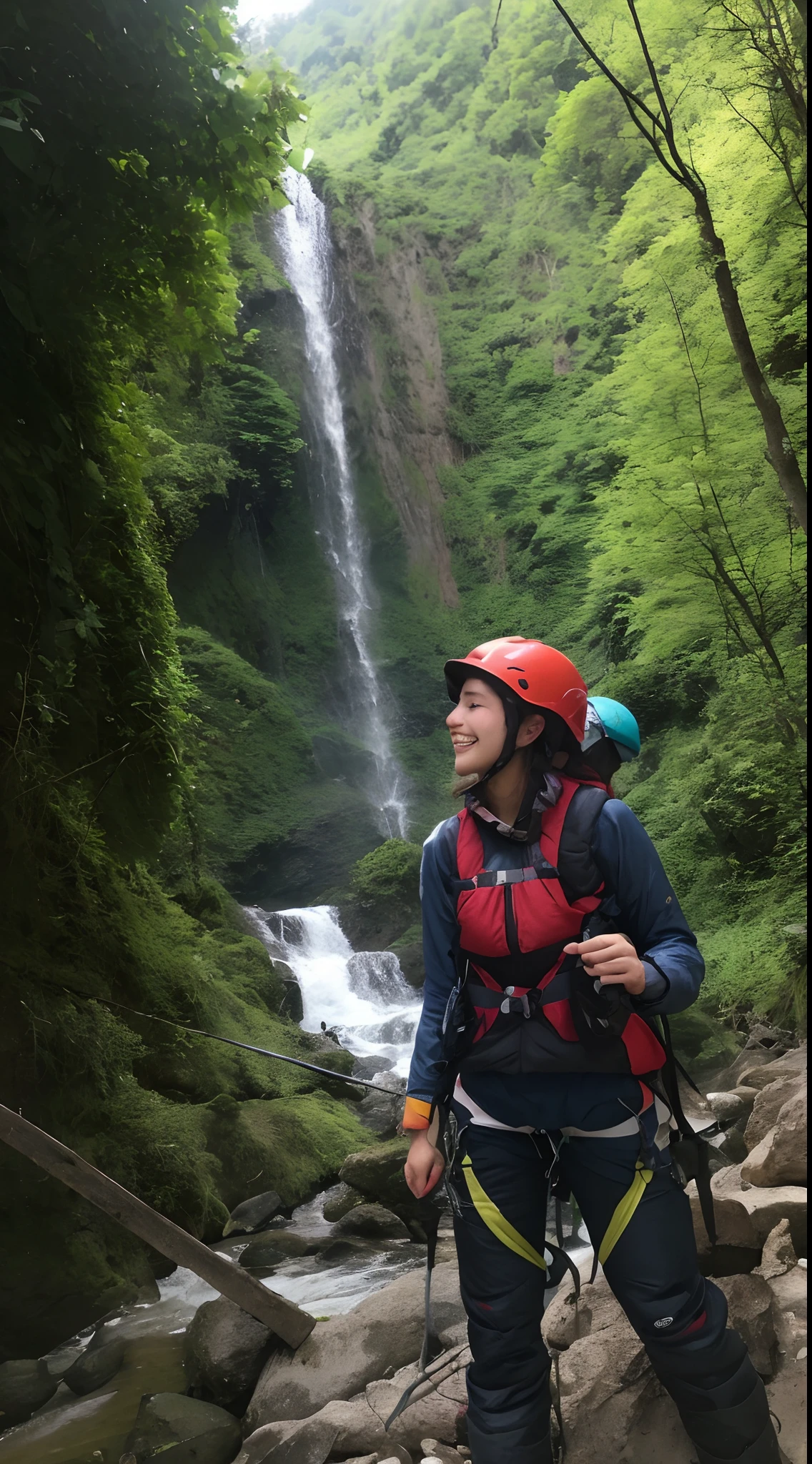 mountain climbing、Very big waterfall in the background、Otaki Climb、Emerald green waterhole、Waist-deep in water、Breaststroke swimming in the abyss、hiking boots、Sunny river、(top-quality、8K、masterpiece:1.3))、full body Esbian、long legged、Beautiful woman with perfect body shape:1.4、A slender、dark brown hair、Mountaineering Wear、Highly detailed facial and skin texture、A detailed eye、二重まぶた、a smile、Beautiful breasts、Less exposure、backpack、poneyTail、Sawa tabi、helmets、Climbing rope、helmets、