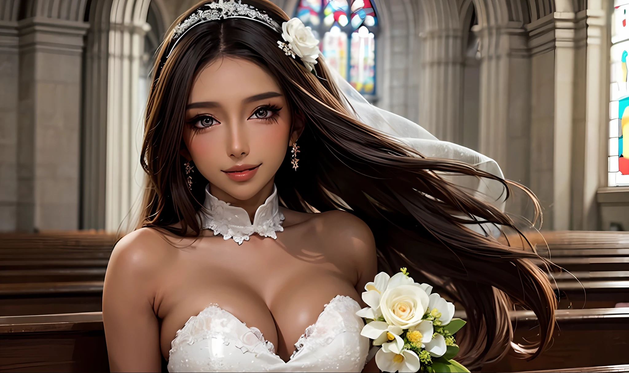 1girl, solo, (dark skin), long hair, breasts,black hair, wedding dress, holding,flower,looking at viewer, standing, blush, smile, parted lips, church,portrait,depth of field,