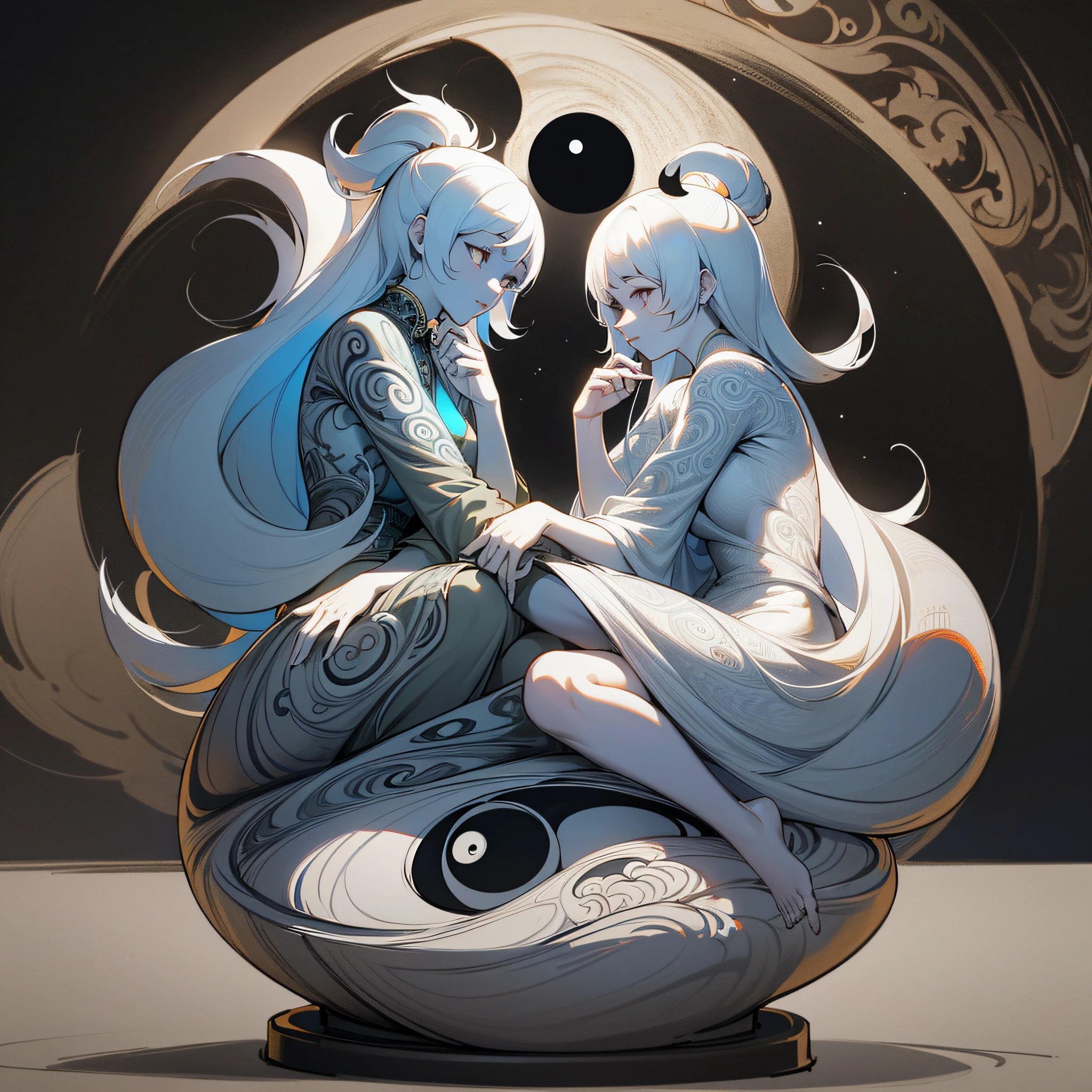 (maximum quality, exquisite drawing, best lighting, best shading), Yin Yang-shaped statue, under the moon and sun, detailed and realistic, intricate details, carved from black and white marble, glowing with moonlight and sunlight, a perfect balance of light and dark, mystical and serene.