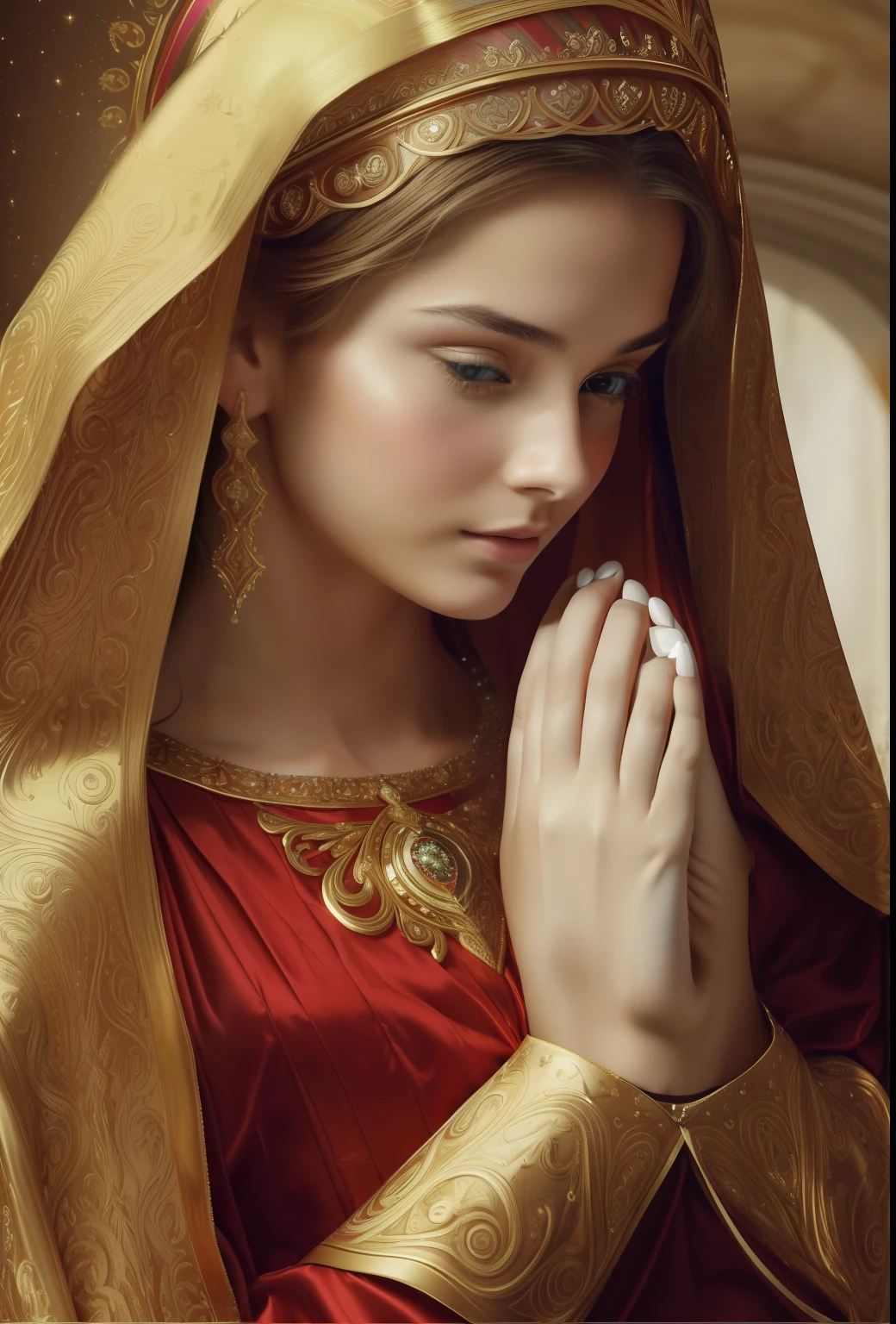 ((Blessed Virgin Mary. 19 years old))) ((( Con una cara seria y piadosa. Con una mirada dulce y tierna))) (obra maestra, calidad superior, mejor calidad, arte oficial, beautiful and aesthetic: 1.2), (1girl), extremadamente detallado, (Arte fractal: 1.3), colorido, highest detailed, Cara perfecta, parte superior del cuerpo, HDR, (orando: 1.3), (golden lines of white coat: 1.2), galaxia, (rayas de luz), eye-catching visuals, (dynamic stripes, senderos luminosos: 1.2), colores vibrantes,