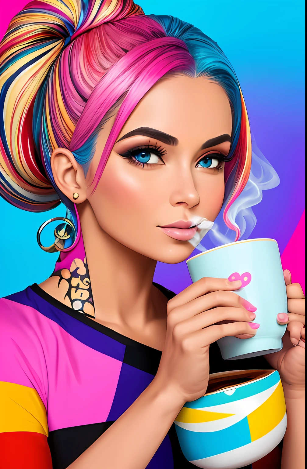 (A BEAUTIFUL WOMAN WITH A CUP OF COFFEE COMING OUT SMOKE IN HER HAND, Beautiful cup ,coloridas ,pink and blue WRITTEN WE COOFFE ON THE CUP ), Eduardo Kobra ,Romero Brito,The Filling Twins ,multidimensional geometric wall PORTRAIT, arte, Chibi,
Yang08k, lindo, Colouring,
Primary works, qualidade superior, melhor qualidade, Arte Oficial, Beautiful and Aesthetic, 128 mil