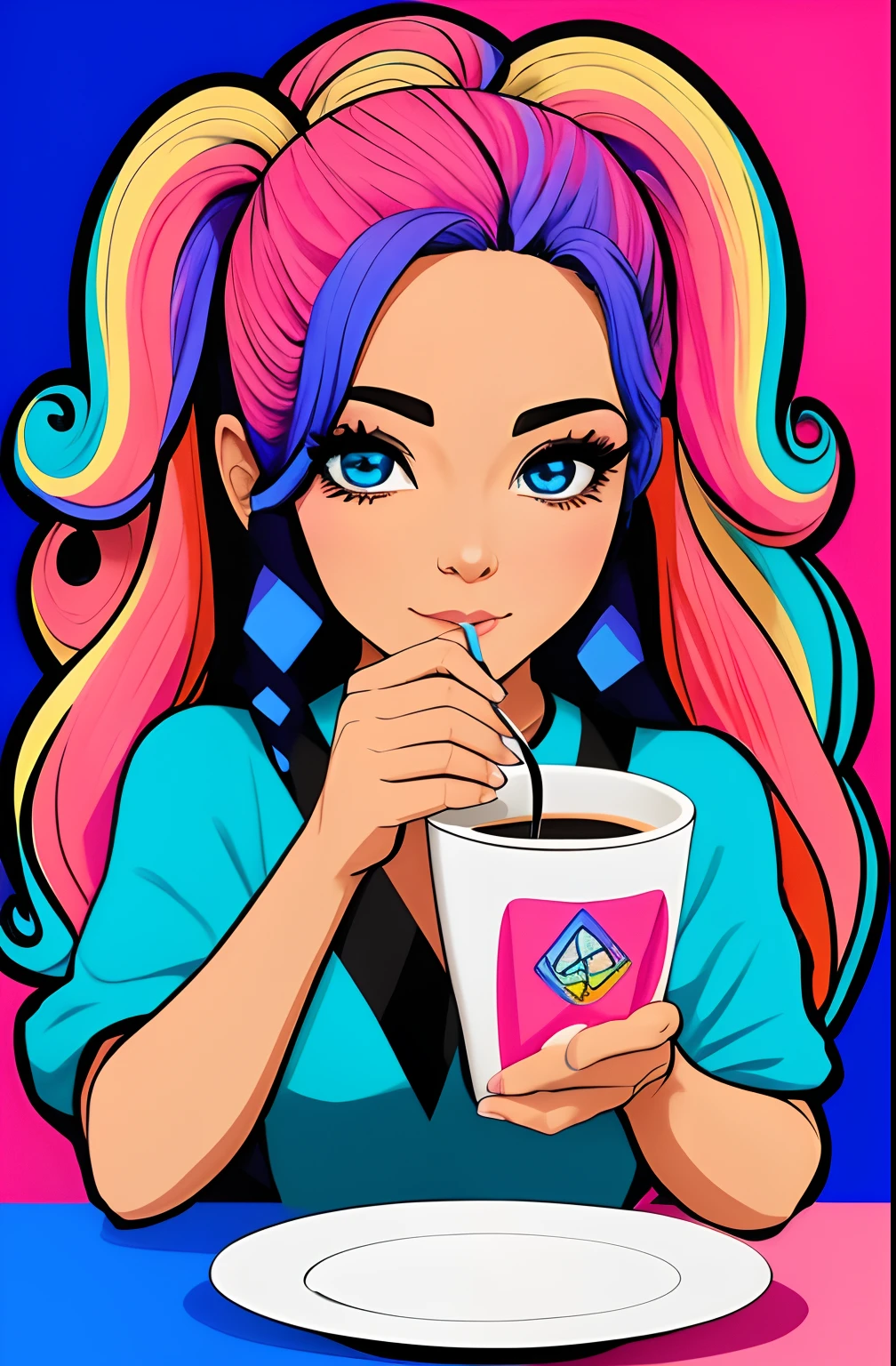 (A BEAUTIFUL WOMAN WITH A CUP OF COFFEE COMING OUT SMOKE IN HER HAND, Beautiful cup ,coloridas ,pink and blue WRITTEN WE COOFFE ON THE CUP ), Eduardo Kobra ,Romero Brito,The Filling Twins ,multidimensional geometric wall PORTRAIT, arte, Chibi,
Yang08k, lindo, Colouring,
Primary works, qualidade superior, melhor qualidade, Arte Oficial, Beautiful and Aesthetic, 128 mil
