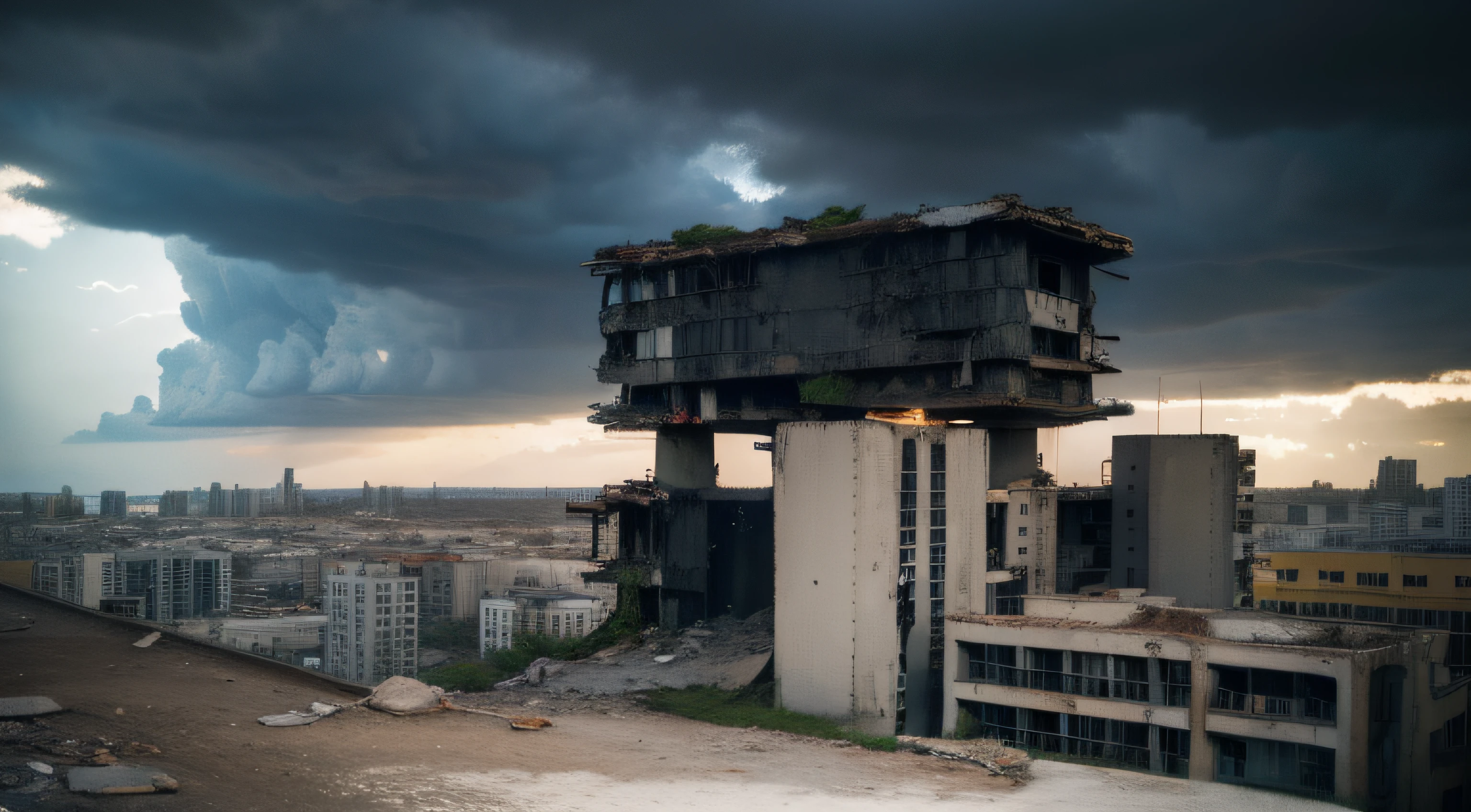 Abandoned cities,High-rise buildings,Remains Cliff,armored concrete,Be in the middle of it,dark stormy clouds,futuritic architecture,delicated,Wallpapers,k hd,higher details,barren,Lifeless,Abandoned houses,After the end times,A doomsday scene,cyber punk perssonage。