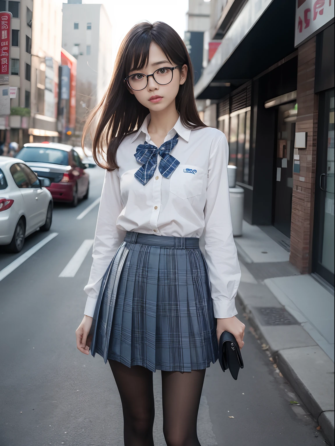 （8K、Raw photography、top-quality、​masterpiece：1.2),bob cuts,cocky,School,watching at viewers,Looking at the front,Muchimuchi,Erotic,Pupils,Light Blue Bra,de pele branca,kne,(Black pantyhose),absurderes,a small face,small tits,flat breast,Parting the bangs from the middle、Forehead visible,(a cold expression,Tight eyes,glares,Bullish,skinny,Rasping,irate)、​masterpiece,top-quality、超A high resolution,Raw photo,ren,Beautiful fece,One Person, 独奏,eye glass,,Dark look,Small breasts,fullllbody,Round glasses、cute little、Back to Student,JK school uniform,hi-school girl,A Japanese Lady,is standing,（Photorealsitic：1.37）、Photon mapping,Realistic、Cute little face,Brown-eyed、Black socks、(Red bow tie)、Radio City、Physically Based Rendering、depth of fields、Blurry background、a picture,Body,teens girl,beauty legs, Long legs, Thin leg,(Bangs are visible), hair, s lips, Blue_The eye, nosesoft,(Light blue shirt), (Navy and blue and white plaid pleated skirt), Knees are visible,Sheer clothing,, Thigh, Black cotton socks,Nogizaka Idol, 女優, Japanese ido