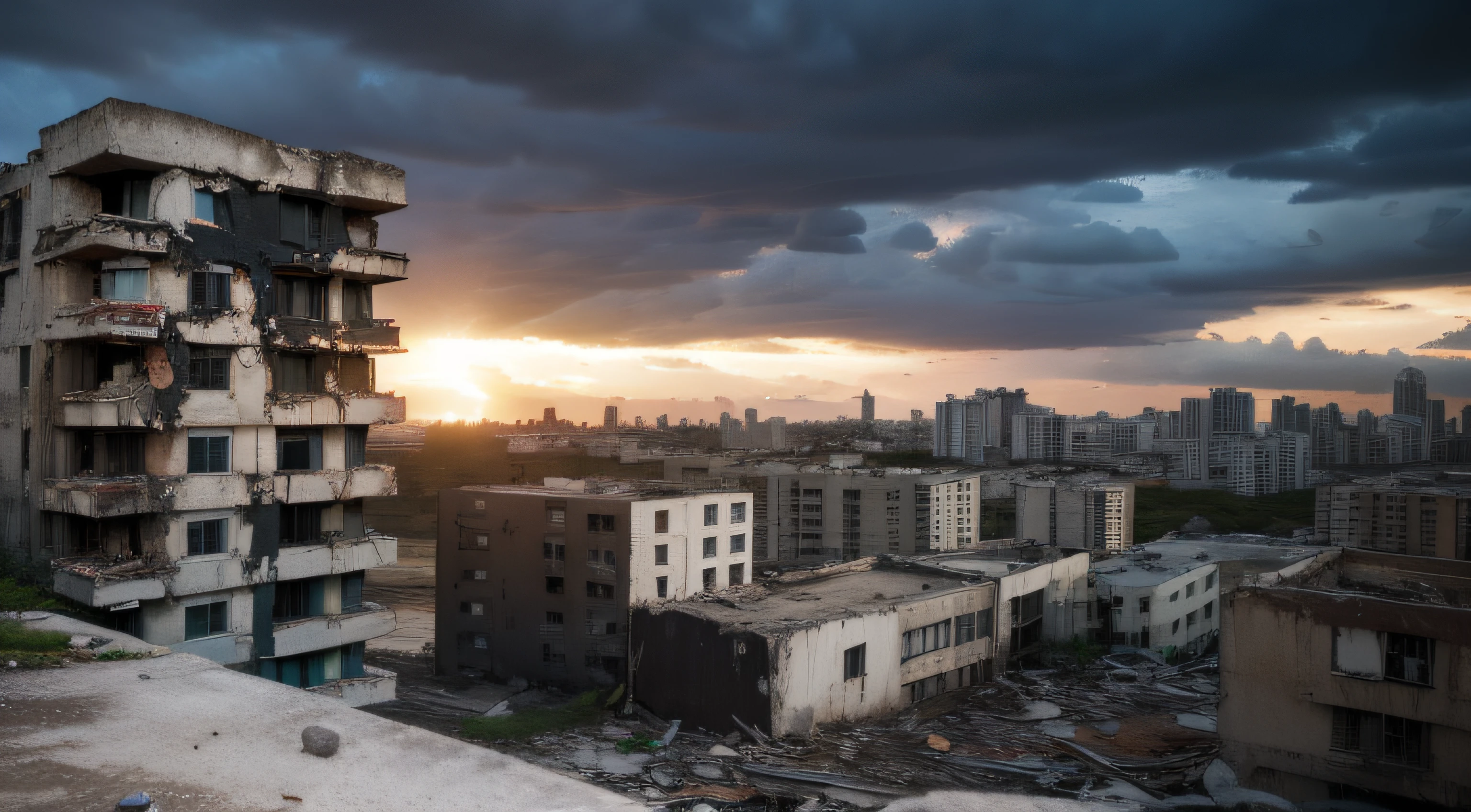 Abandoned cities,High-rise buildings,Remains Cliff,armored concrete,Be in the middle of it,dark stormy clouds,futuritic architecture,delicated,Wallpapers,k hd,higher details,barren,Lifeless,Abandoned houses,After the end times,A doomsday scene,cyber punk perssonage。