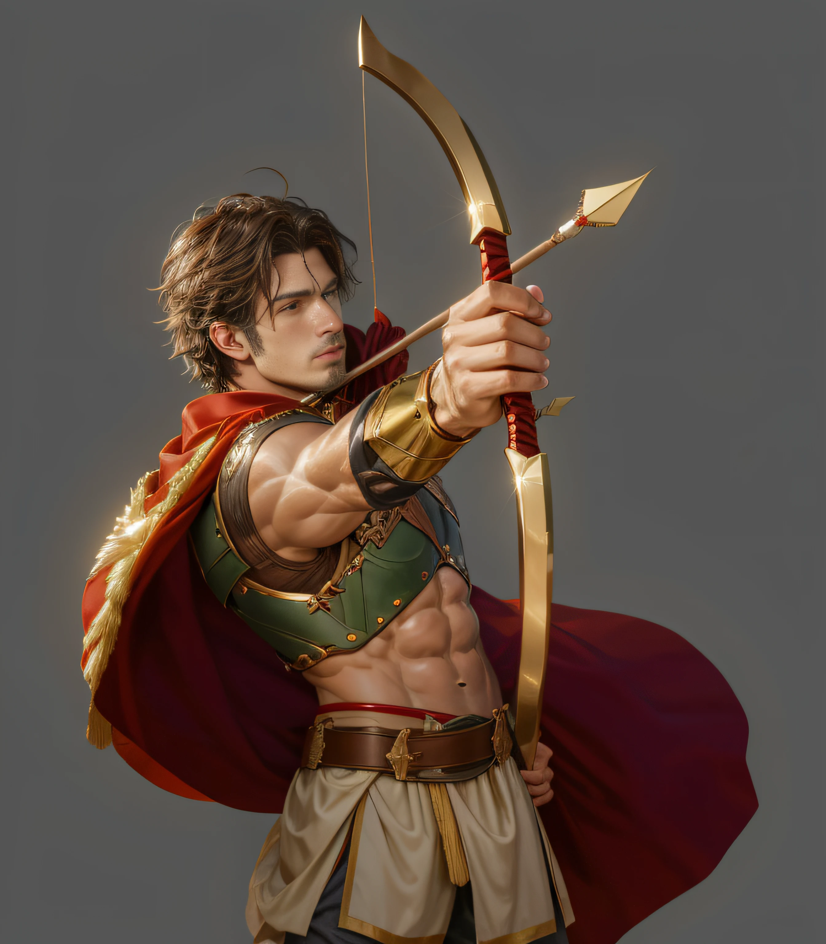 Greek archers,20yr old,Young and handsome,fanciful,greek myth,Bronze armor,short detailed hair,flathead,brown hair,Masculinity,Red cape,leathers,chest muscle,Abs,musculature,Strong,bow and arrows