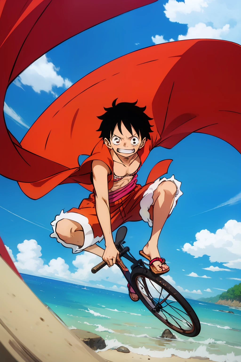 Luffy riding a bike