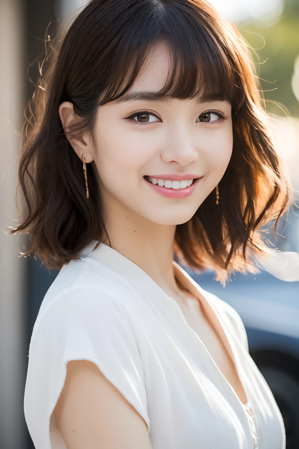 (8k, RAW photos, top quality, masterpiece: 1.2), ultra detailed, super resolution, (real, real photos: 1.37), portraits, high definition RAW color photos, professional photos, very detailed and beautiful, highly detailed, 8k wallpapers, amazing details, huge file size, official art, highly detailed CG Unity 8k wallpapers, highly detailed beautiful girls, highly detailed facesHighly detailed eyes, highly detailed skin, highly detailed fingers, highly detailed nose, highly detailed mouth, perfect anatomy, highly detailed background, highly detailed clothing, one girl, (18:1.2), teen, cute girl, famous Japan idol, cute, realistic body, petite, white skin, radiant skin, slim body, handsome body, brown hair, short curly hair, (blunt bangs: 1.2) , smile, cute, youthful, pretty face, realistic face, delicate eyes, sagging eyes, white shirt, skirt, earrings, camera gaze, cowboy shot, front-facing, standing, contrappost, high street, dynamic lighting,
