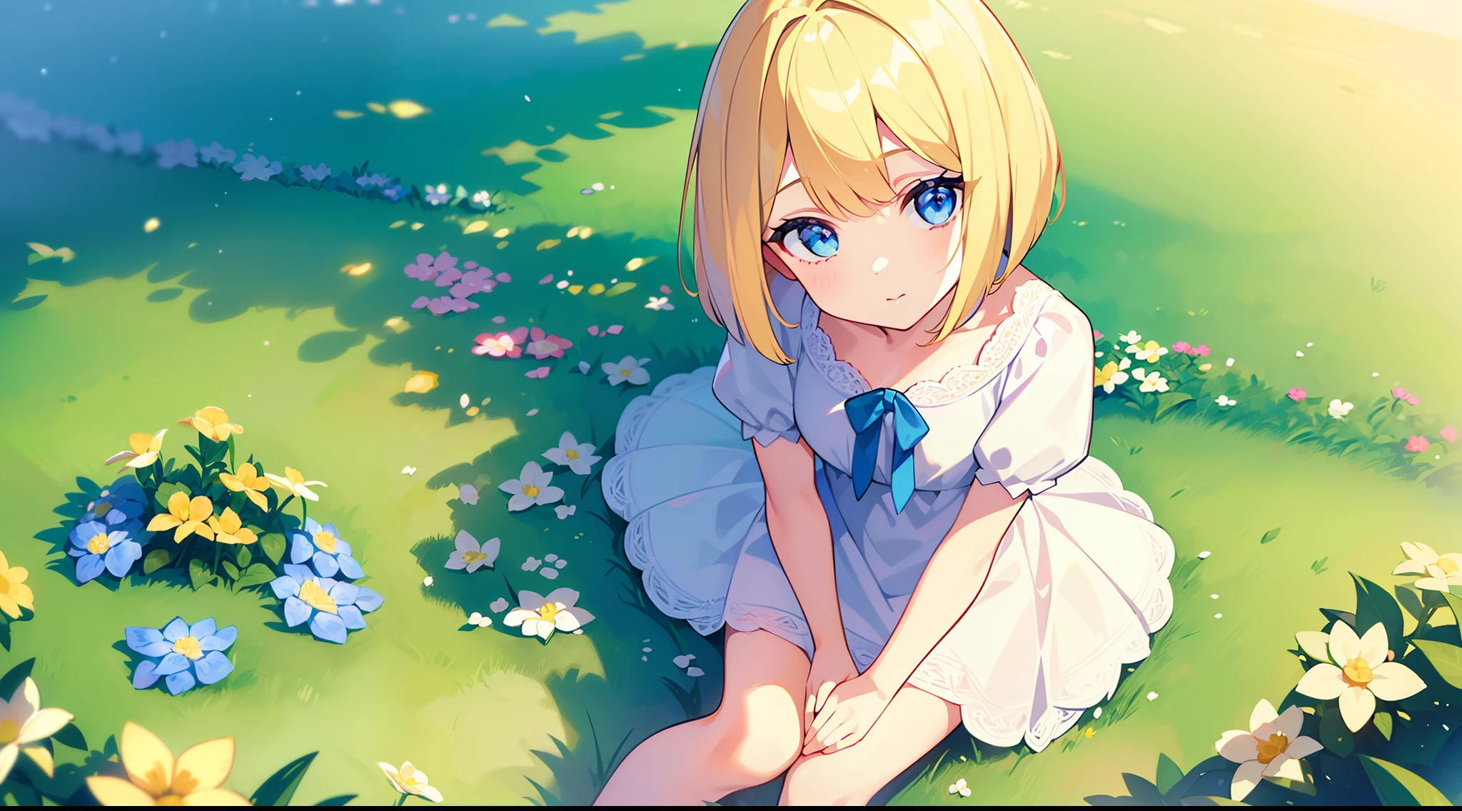 (top quality), (masterpiece), (perfect face), (ultra-detailed), (1girl, blonde hair, bob cut, blue eyes, white dress), (sitting in the grass), (summer sky, colorful flower garden)