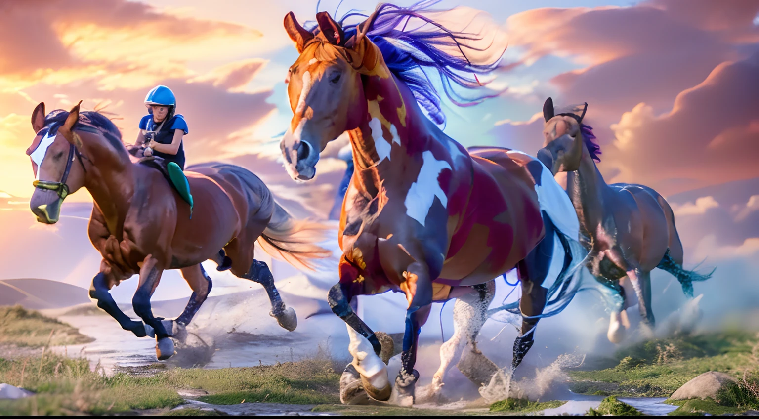 8 horses，Ultra-grand scenes，super wide shot，1#cavalos，2#cavalos，3#cavalos，4#cavalos，5#cavalos，6#cavalos，7#cavalos，8#cavalos。Eight extremely special and rare horses surround each other，A large herd of horses galloped ahead，Gallop across the steppe like a clock。The vast plains of the epic scene are rich in aquatic plants，In the distance is the snow-capped summit of Mount Everest，Snow creek flows into the sea，At the other end is the magnificent giant city，The horse team entered and exited from the city gate。The Lightcast Pegasus from the Supreme Heaven has a rainbow aperture from the Supreme Heaven，She rides between light and pure，No additional ornaments are needed to highlight her dignity and holiness，Even the sky showed her a clear sky，She has a deep enmity with the nightmare heavy ride from hell，The two never put their heads next to each other，Surrounded by sulphurous flames, the Hellmare Heavy Ride makes every time a horse's hooves fall, stepping flat grass out of the lava from the ground，The sky in the steppe is brighter，It makes the earth deeper。The wind wings of the wind elf horse let its position be erratic，She carries a cyan aperture lightly and always can't help but tease the mechanical horse，The mechanical horse is full of mecha beauty，The shoulder back position always reveals delicate mechanical fittings，Four kicks with a hydraulic pump and electromagnetic ejection device。Unicorns want to steal all horses from their pure and flawless beauty，But on the side, the fairy dragon horse is comparing with it，Their unique elven-patterned armor and colorful saddles make them the most stylish horses。The female knight is charging on her knightly warhorse，Her lofty ideals made her will unstoppable，There is no doubt that she is the protagonist of this picture。And a chaotic horse from uncharted territory，It blends in and has a weird style and chaotic colors that are almost unimaginable，This gives the whole picture an extremely dangerous uncertainty，The slightest mistake c