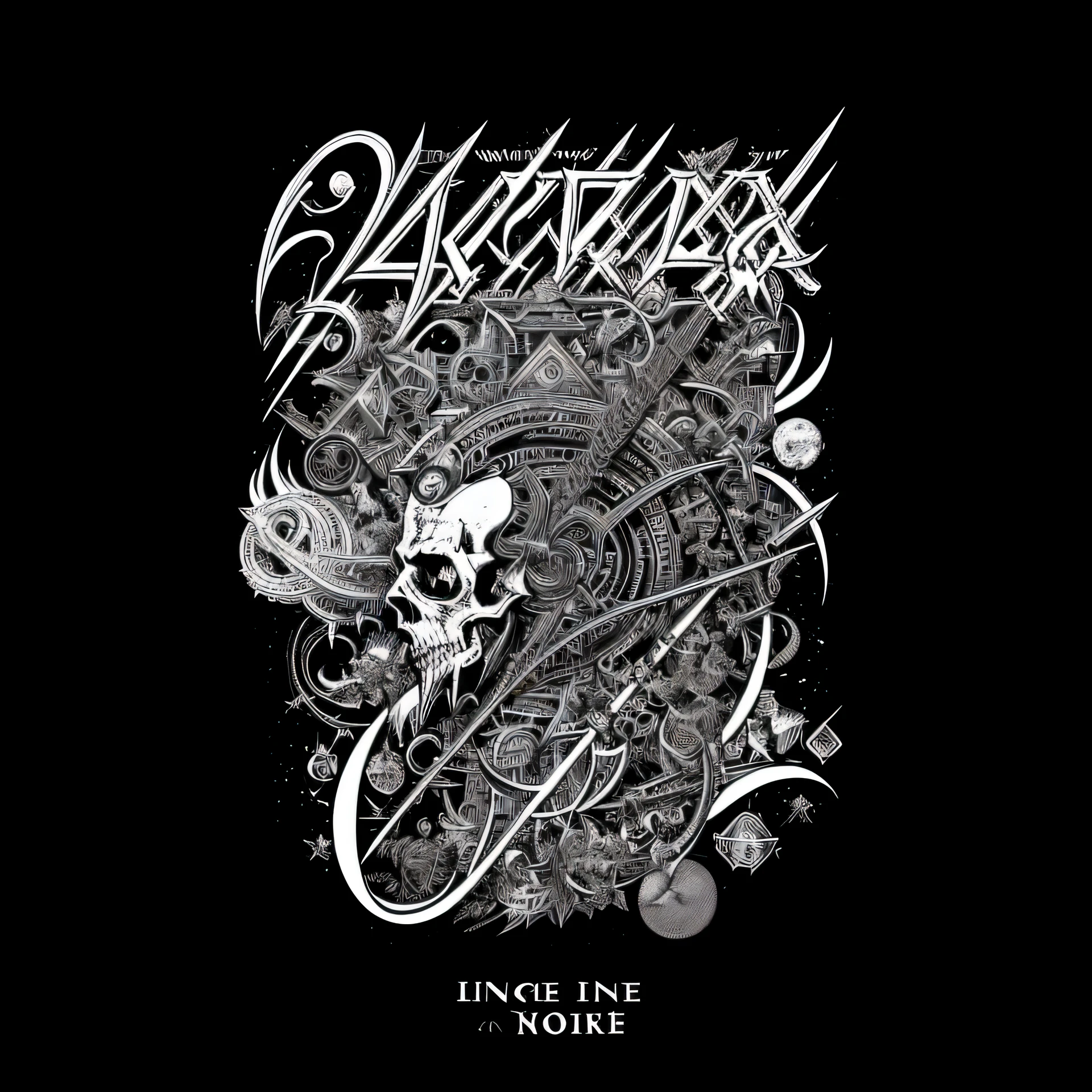 Black and white image of handwritten quote, extremely detailed linework, Black metal band font, highly detailed linework, insanely detailed linework, lettering clean, Heavy metal T-shirt design, Black and white ink style, Official artwork, author：Nathan Oliveira, xkung work, Blame the core, album covers, Detailed artwork, black and white detail rich