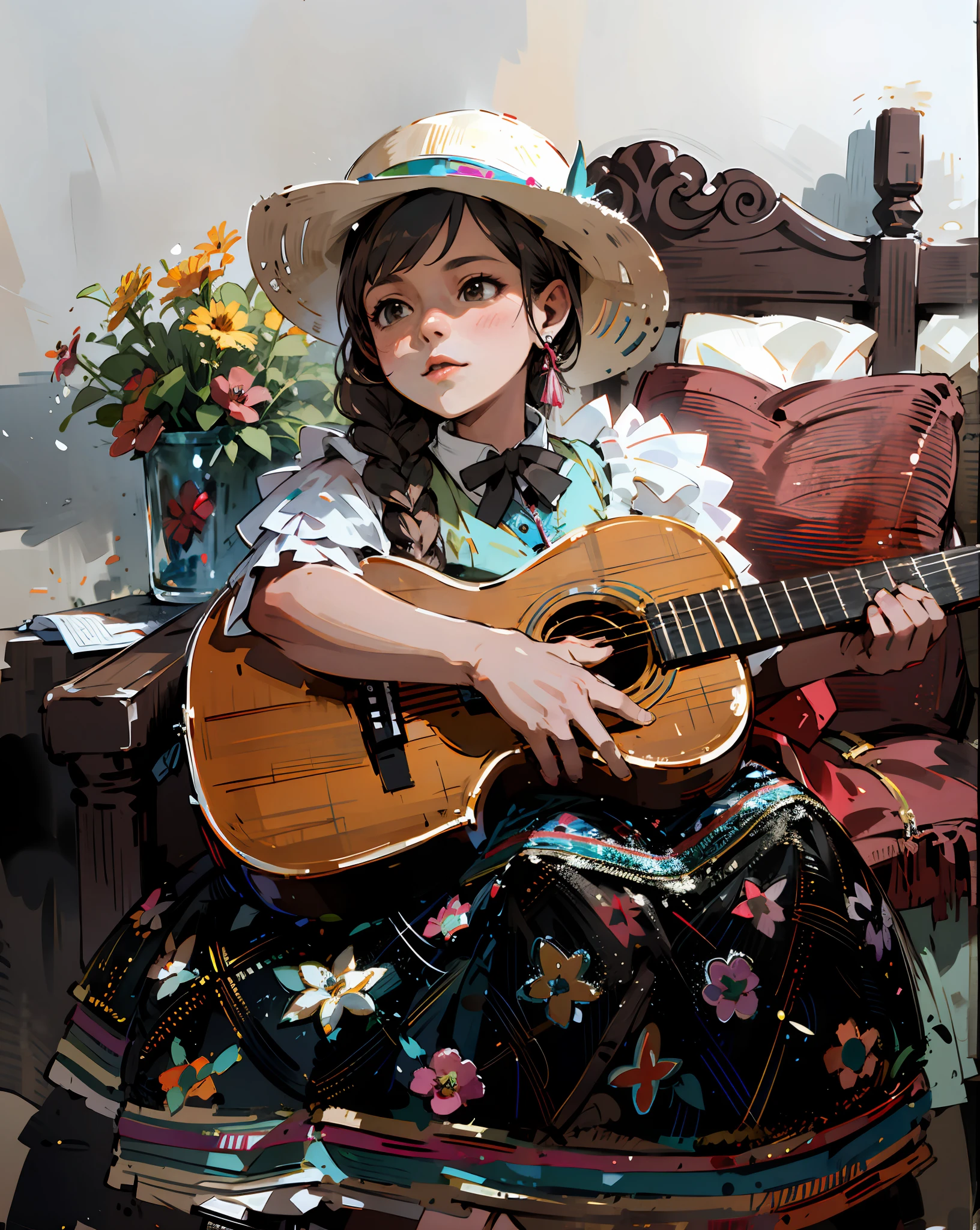 watercolor illustration, tinta, colores vivos, defined lines, Girl dressed in typical Colombian costume, Tocando guitarra, rostros de mujer latina, Traje tradicional, folkloric, Ropa tradicional, Vestimenta tradicional, Cholitas bolivianas, wearing authentic attire, Vestimenta tradicional, Folclore colombiano, Vestir atuendos tradicionales, elaboradamente disfrazado, authentic costume, campesina santandereana, tradicional, traje, profusamente vestido, nariz latinoamericana, mantener la forma del rostro, mantener forma de la nariz, nariz realista, Mujer hermosa, fondo desvanecido, fondo blanco, manchas de tinta, estilo acuarela, Contornos definidos, acuarela, colores vibrantes