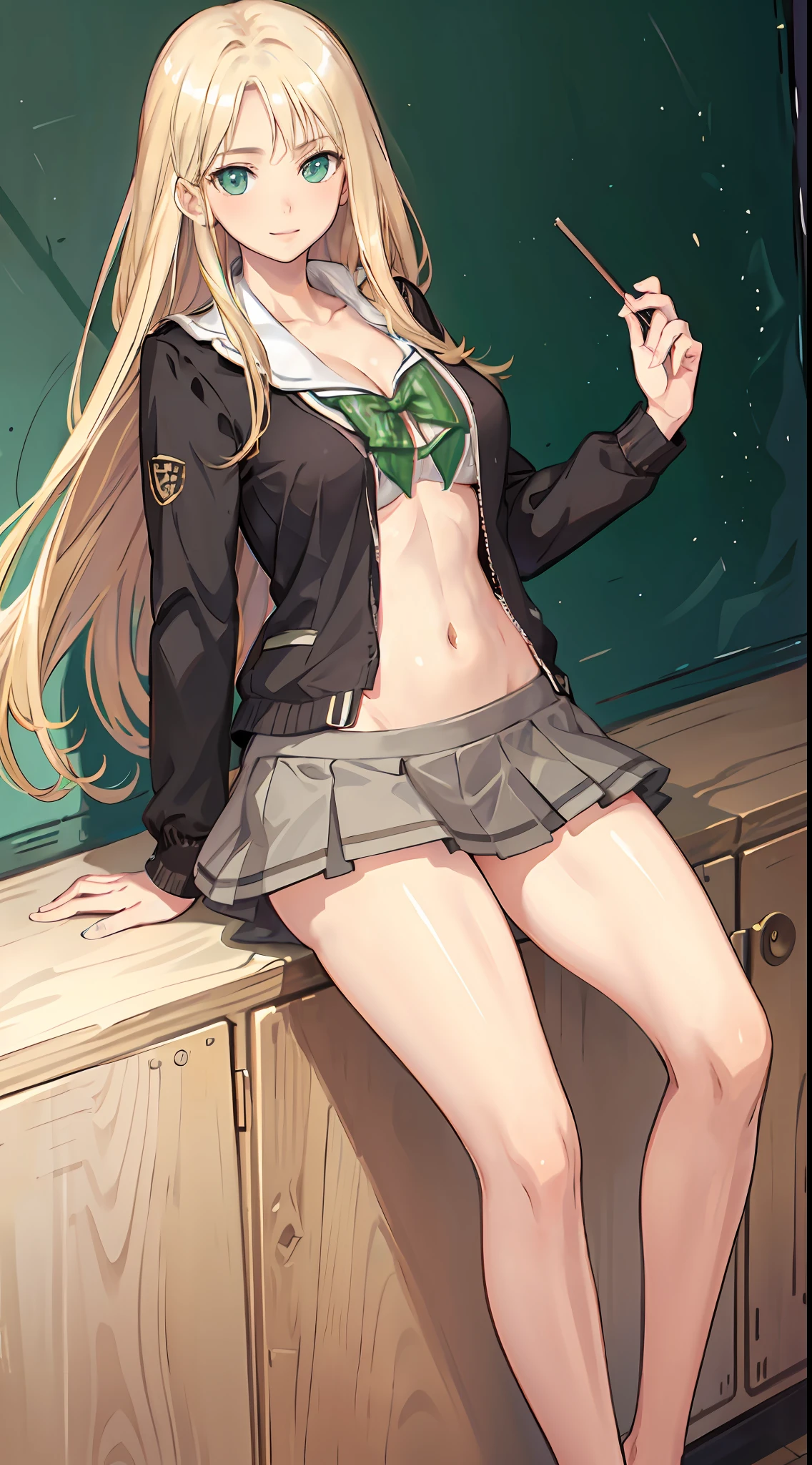 blonde hair, long hair, green eyes, happy, school uniform, short skirt, medium breast, cleavage, classroom, slim legs, navel, open clothes