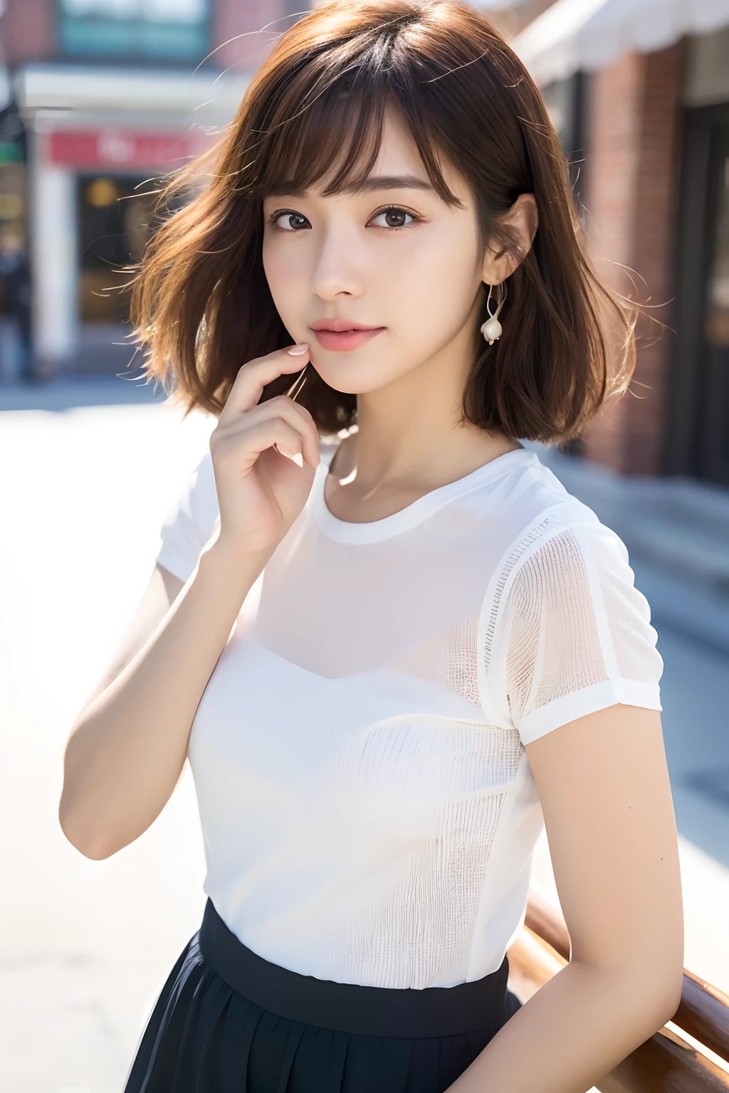 (8k, RAW photos, top quality, masterpiece: 1.2), ultra detailed, super resolution, (real, real photos: 1.37), portraits, high definition RAW color photos, professional photos, very detailed and beautiful, highly detailed, 8k wallpapers, amazing details, huge file size, official art, highly detailed CG Unity 8k wallpapers, highly detailed beautiful girls, highly detailed facesHighly detailed eyes, highly detailed skin, highly detailed fingers, highly detailed nose, highly detailed mouth, perfect anatomy, highly detailed background, highly detailed clothing, one girl, (18:1.2), teen, cute girl, famous Japan idol, cute, realistic body, petite, white skin, radiant skin, slim body, handsome body, brown hair, short curly hair, (blunt bangs: 1.2) , smile, cute, youthful, pretty face, realistic face, delicate eyes, sagging eyes, white shirt, skirt, earrings, camera gaze, cowboy shot, front-facing, standing, contrappost, high street, dynamic lighting,