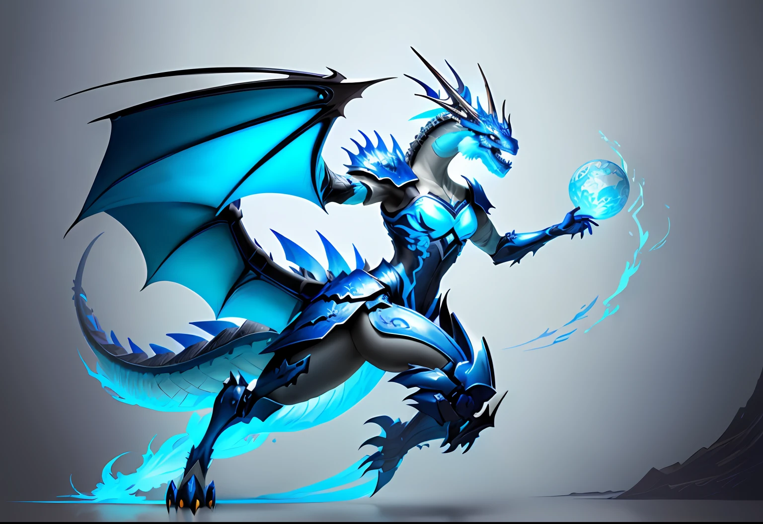 there is a drawing of a blue and white dragon on a white wall, chinese dragon concept art, airbrush concept art, dragon inspired blue armor, full body dragon concept, painted as a game concept art, airbrush render, stylized as a 3d render, anthro dragon art, fantasy creature concept art, stylized concept art