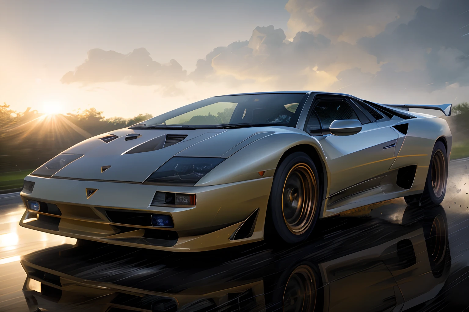 Lamborghini diablo sv drifting chase, action shot, high speed, night life, heavy rain, lens flare, intricate, elegant, highly detailed, realistic, concept art, matte, sharp focus, hearthstone