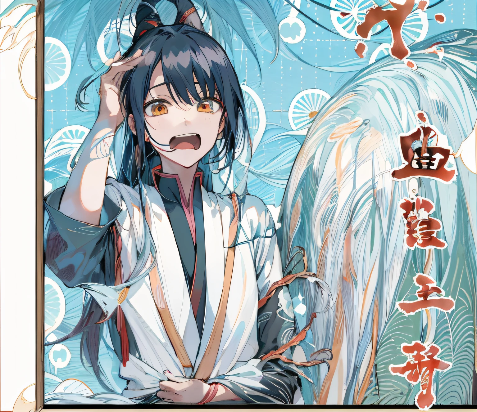 Menina anime com cabelo preto longo e uma camisa branca, divindade de cabelos brancos, in japanese anime style, Heise Jinyao, ikki tousen |, flowing hair and long robes, imagem de anime shuushuu, flowing white robes, Shikishi, Hijikata Toushirou de Gintama, award winning manga style, Isekai manga panel, 8k!